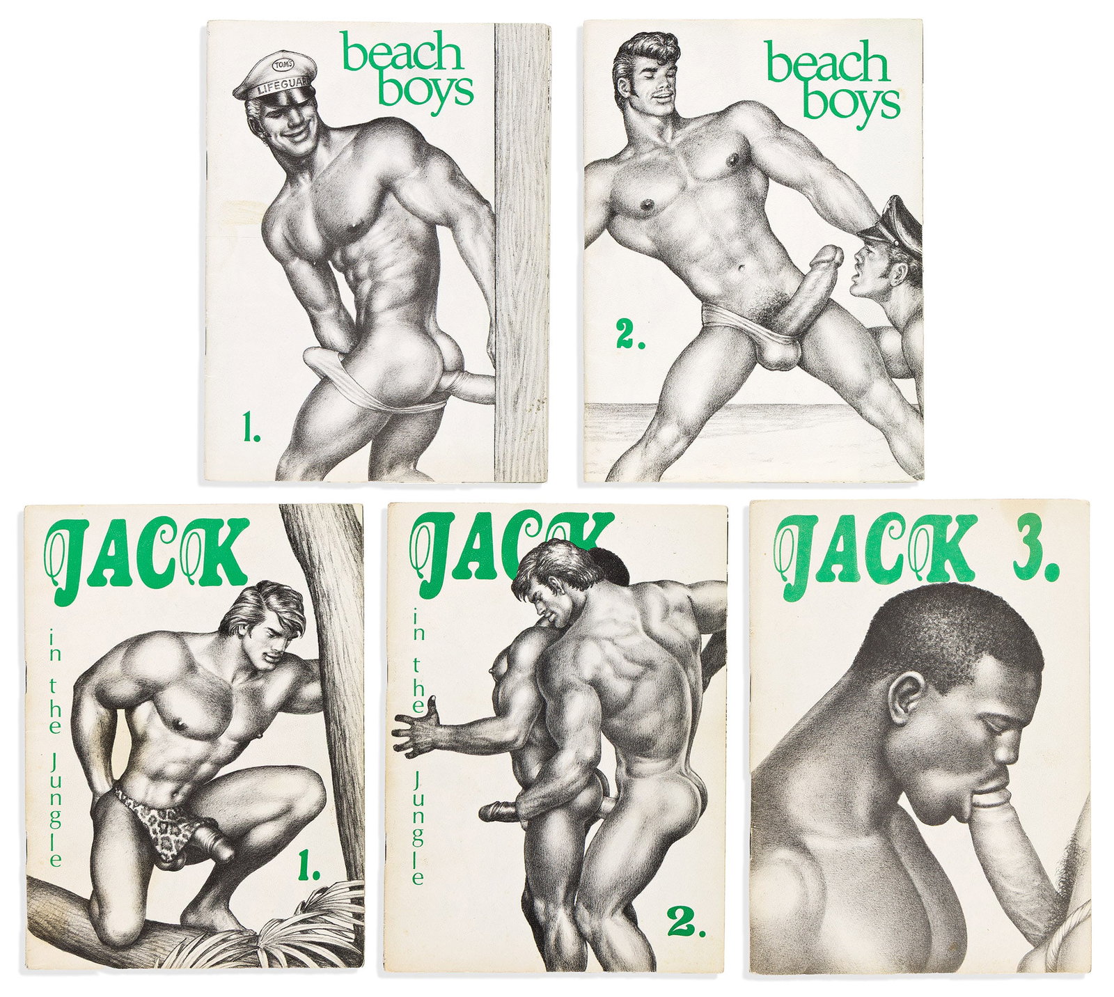 Tom of Finland, Jack and the Jungle / Beach Boys. Circa 1970's.: Tom of Finland 1920-1991 Jack in the Jungle / Beach Boys. Jack in the Jungle issues 1, 2 and 3, and Beach Boys Issues 1 and 2, each featuring 20 illustrations without text. Octavo, illustrated wrapper