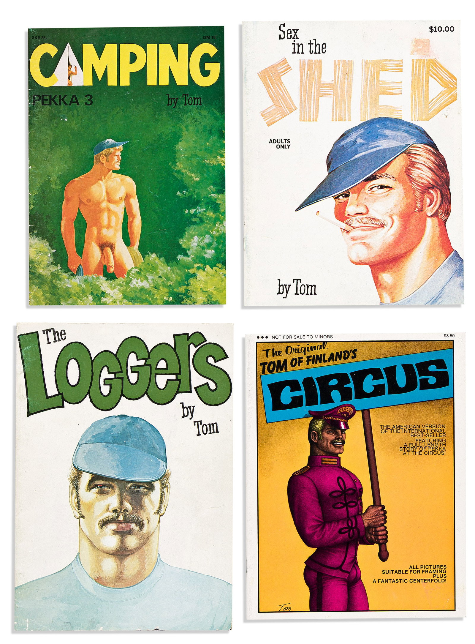 Tom of Finland, Set of early editions of the Pekka stories: The Loggers, Sex in the Shed, Camping,: Tom of Finland 1920-1991 Set of early editions of the Pekka stories: The Loggers, Sex in the Shed, Camping, and Circus. "The Loggers." First edition. Text in parallel Swedish, English, and German. 