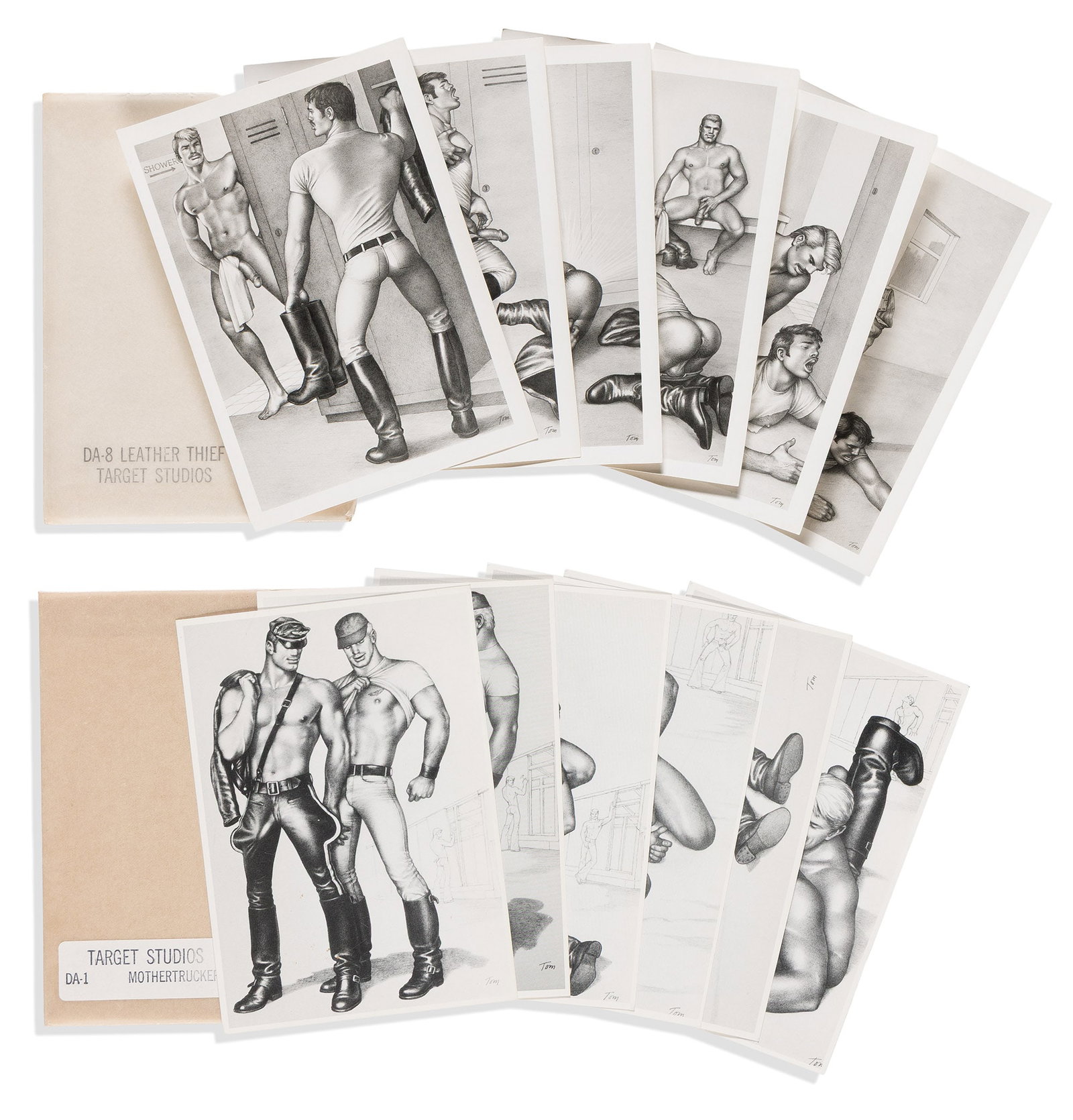 Tom of Finland, Target Studios. Group of 12 photos in two sleeves. 1975-1976.: Tom of Finland 1920-1991 Target Studios. Group of 12 photos in two sleeves. 1975-1976. Silver prints. 12 silver prints in 2 packets with their original Target Studios glassine envelopes. Includes Leat