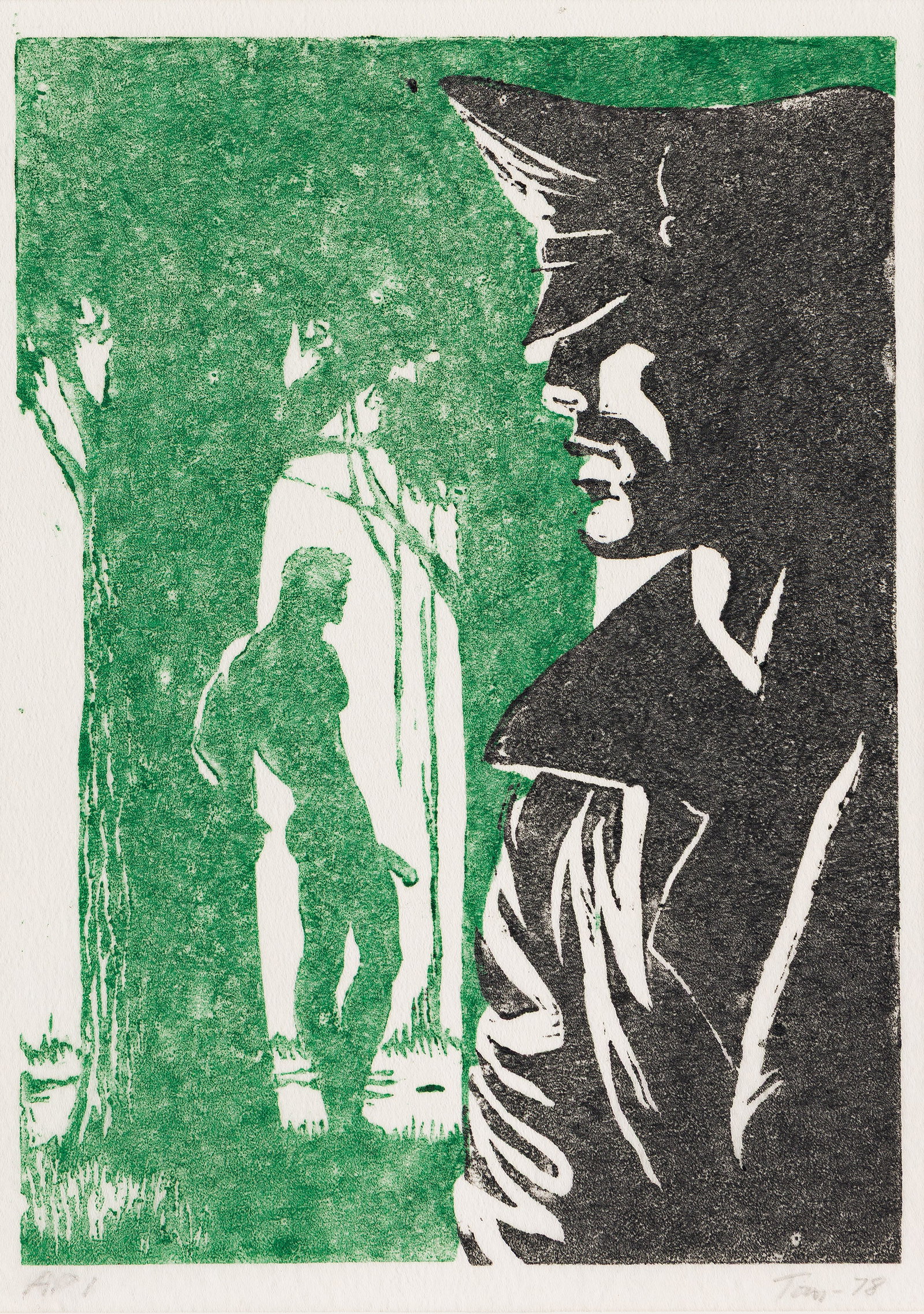 Tom of Finland, Untitled (Tree Scene). 1978.: Tom of Finland 1920-1991 Untitled (Tree Scene). Linoleum cut in green and black on thin Japan paper, 1978. One of 3 artist's proofs, aside from the edition of 10. Signed, dated, and inscribed "AP 1" i