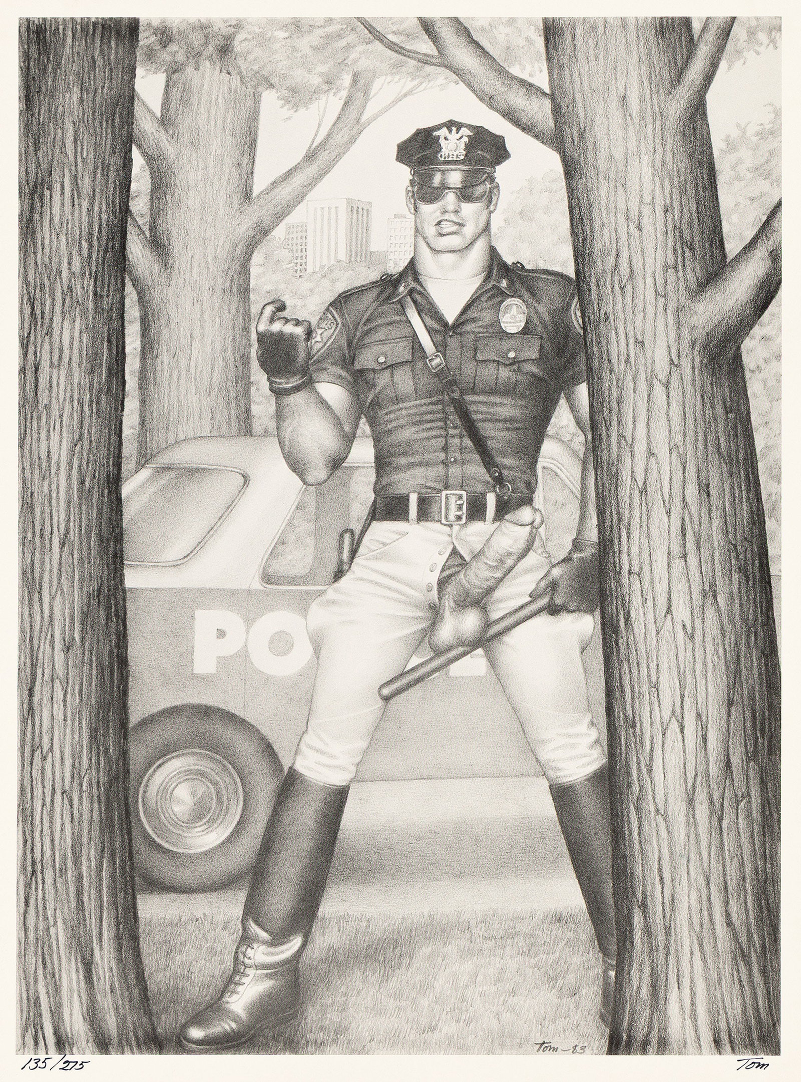 Tom of Finland, Hot Cop. 1983.: Tom of Finland 1920-1991 Hot Cop. Offset lithograph, 1983. Signed and numbered 135/275 in ink, lower right. Image: 13 x 10 in. (33 x 25.4 cm.), full margins.