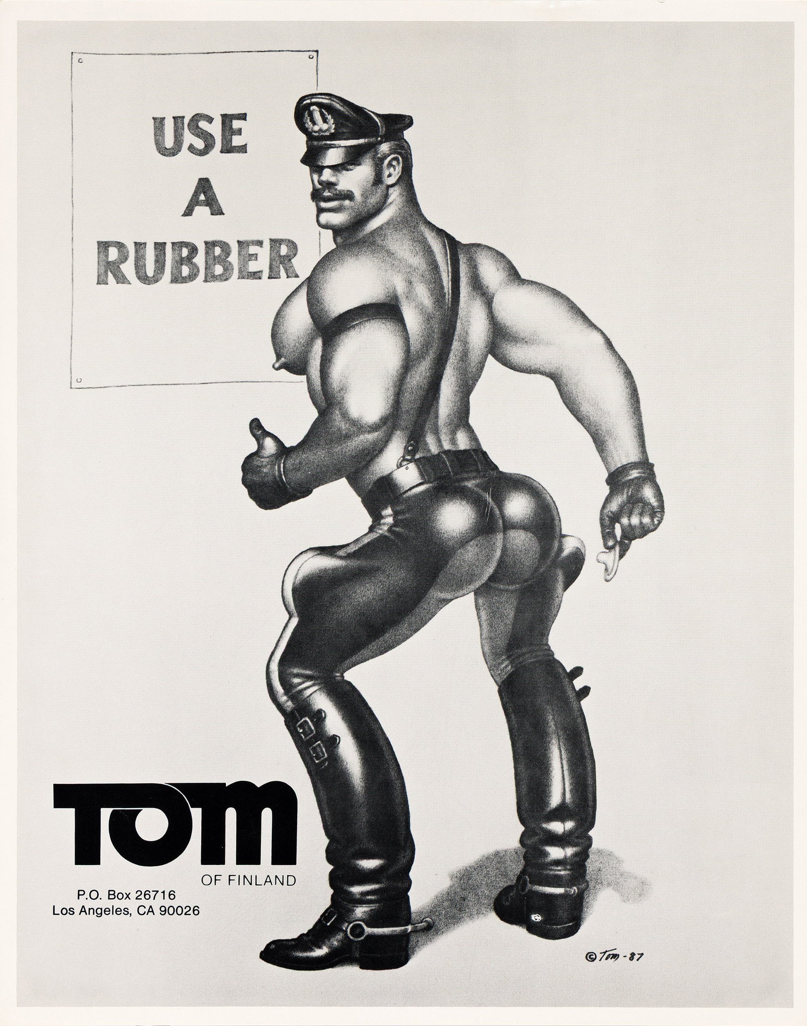 Tom of Finland, Use a Rubber. 1987.: Tom of Finland 1920-1991 Use a Rubber. 1987. Offset lithograph poster. This poster was mailed by Tom of Finland Company to over 700 bars, cafes, and organizations around the world that catered to a Ga