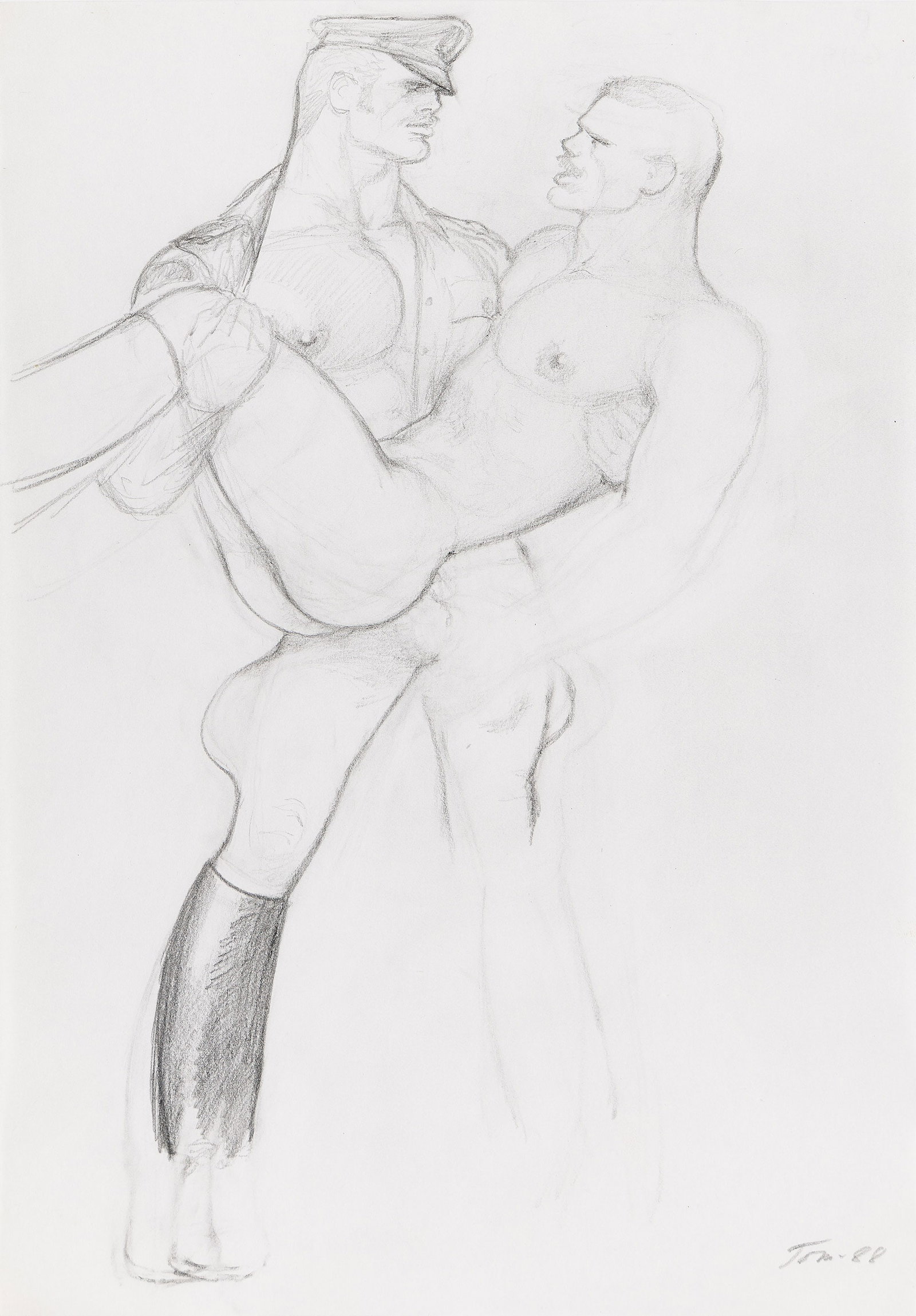 Tom of Finland, Untitled (Policeman with Cap Holding Another Man). 1988.: Tom of Finland 1920-1991 Untitled (Preparatory drawing of a Policeman with Cap Holding a Man). 1988. Pencil on paper. Signed and dated, lower right. 11 5/8 x 8 1/8 in. (29.5 x 20.6 cm.) Frame: 21 3/