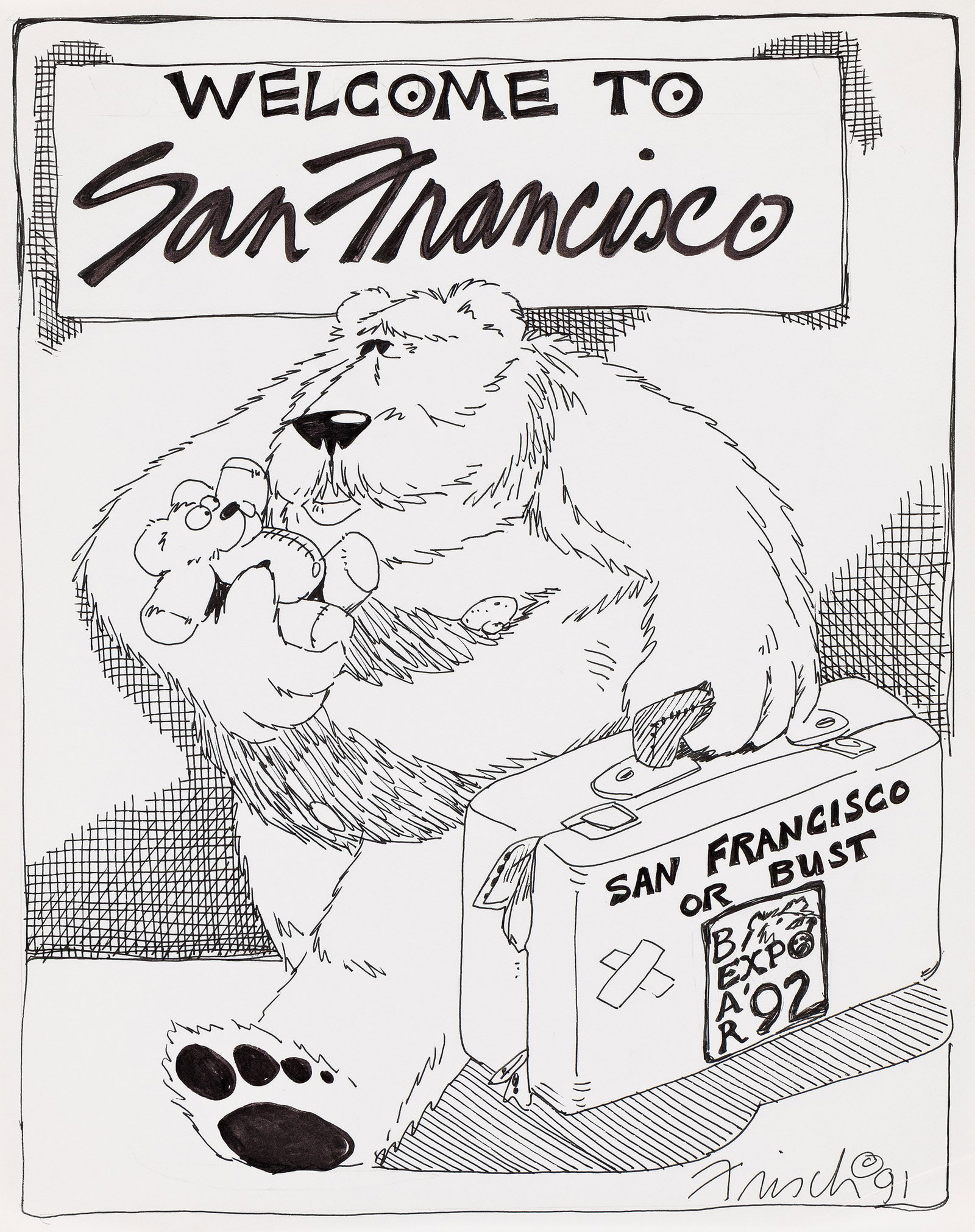 Fran Frisch, 16 sketches for Bear Expo. 1991-1993.: Fran Frisch 1948-2021 16 sketches for Bear Expo. 1991-1993. Pen and ink on thin wove paper. Each signed and dated. Each approximately: 14 x 11 in. (35.6 x 27.9 cm.)