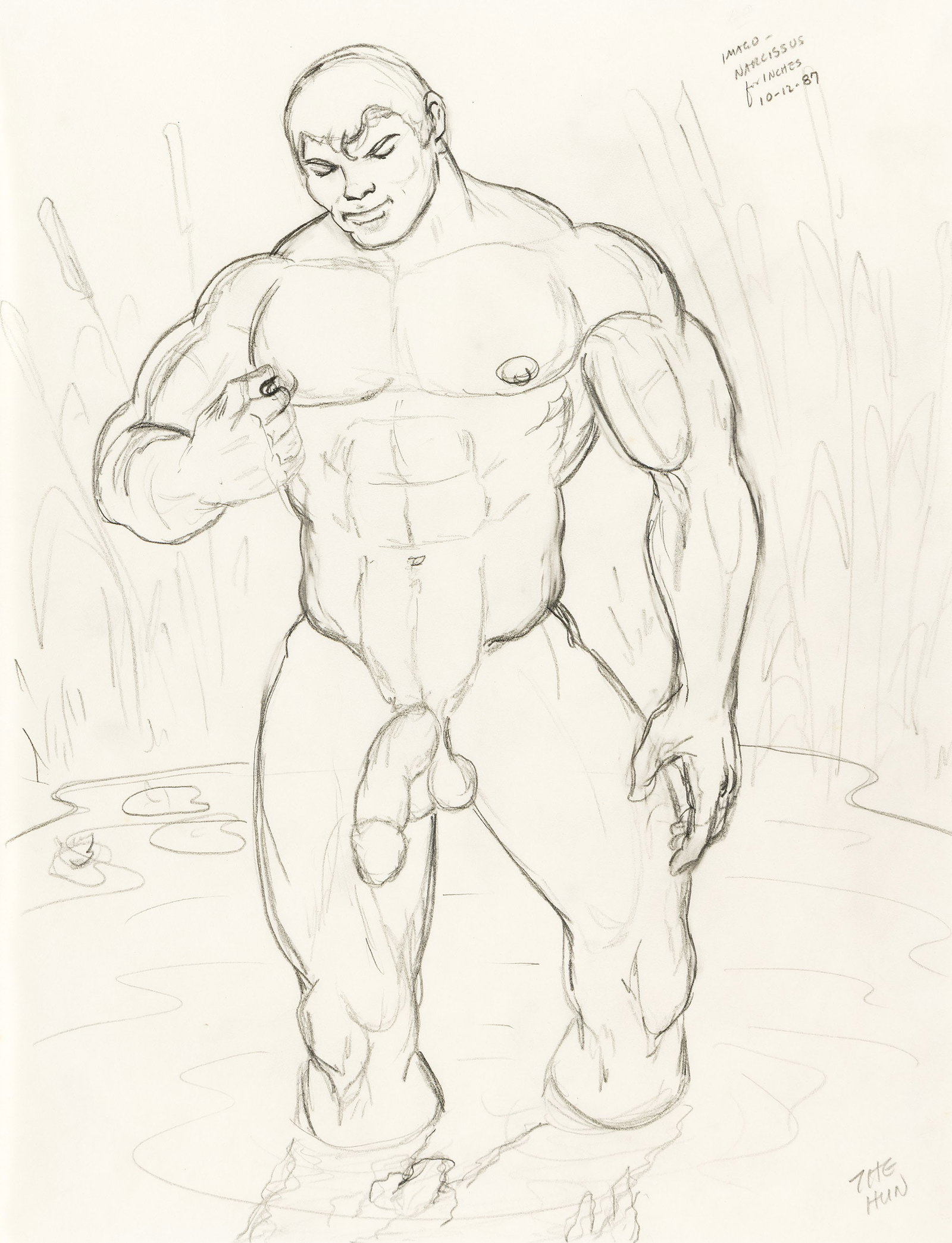 Bill Schmeling / The Hun, Narcissus for Inches. 1987.: Bill Schmeling / The Hun (1938-2019) Narcissus for Inches. 1987. Pencil on paper. Signed, lower right. Titled and dated, upper right. 13 7/8 x 10 7/8 in. (35.2 x 27.6 cm.) Frame: 20 x 17 in. (50.8 x