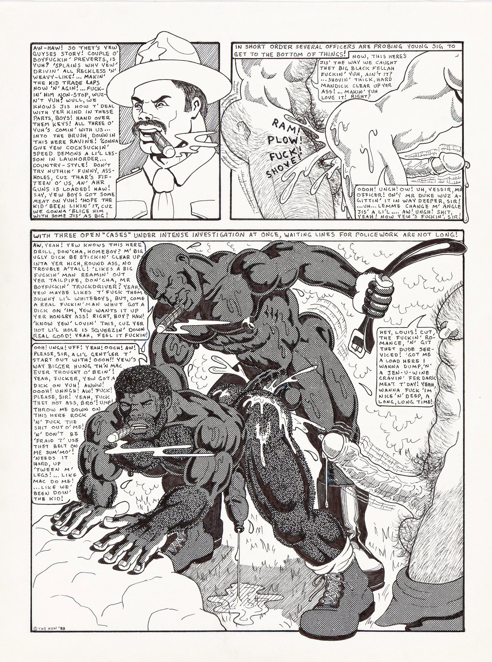 Bill Schmeling / The Hun, The Hun Comic page with the great splash panel. 1988.: Bill Schmeling / The Hun 1938-2019 "Several officers are probing Young Sig" comic. 1988. Ink on paper. Signed and dated, lower left. 17 x 13 in. (43.2 x 33 cm.)