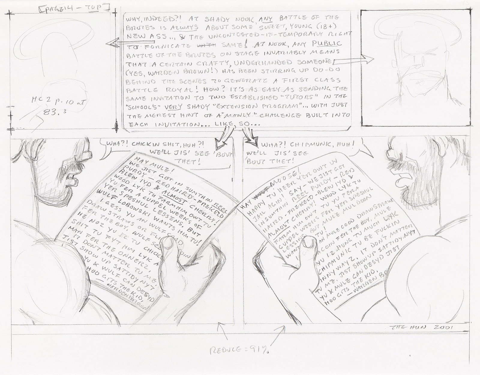 Bill Schmeling / The Hun, Three preparatory drawings for Hun Comics. 2001-03.: Bill Schmeling / The Hun 1938-2019 Three preparatory drawings for Hun Comics. 2001-03. Graphite on paper. Each signed and dated, lower right. Each: 11 x 8 1/2 in. (27.9 x 21.6 cm.)