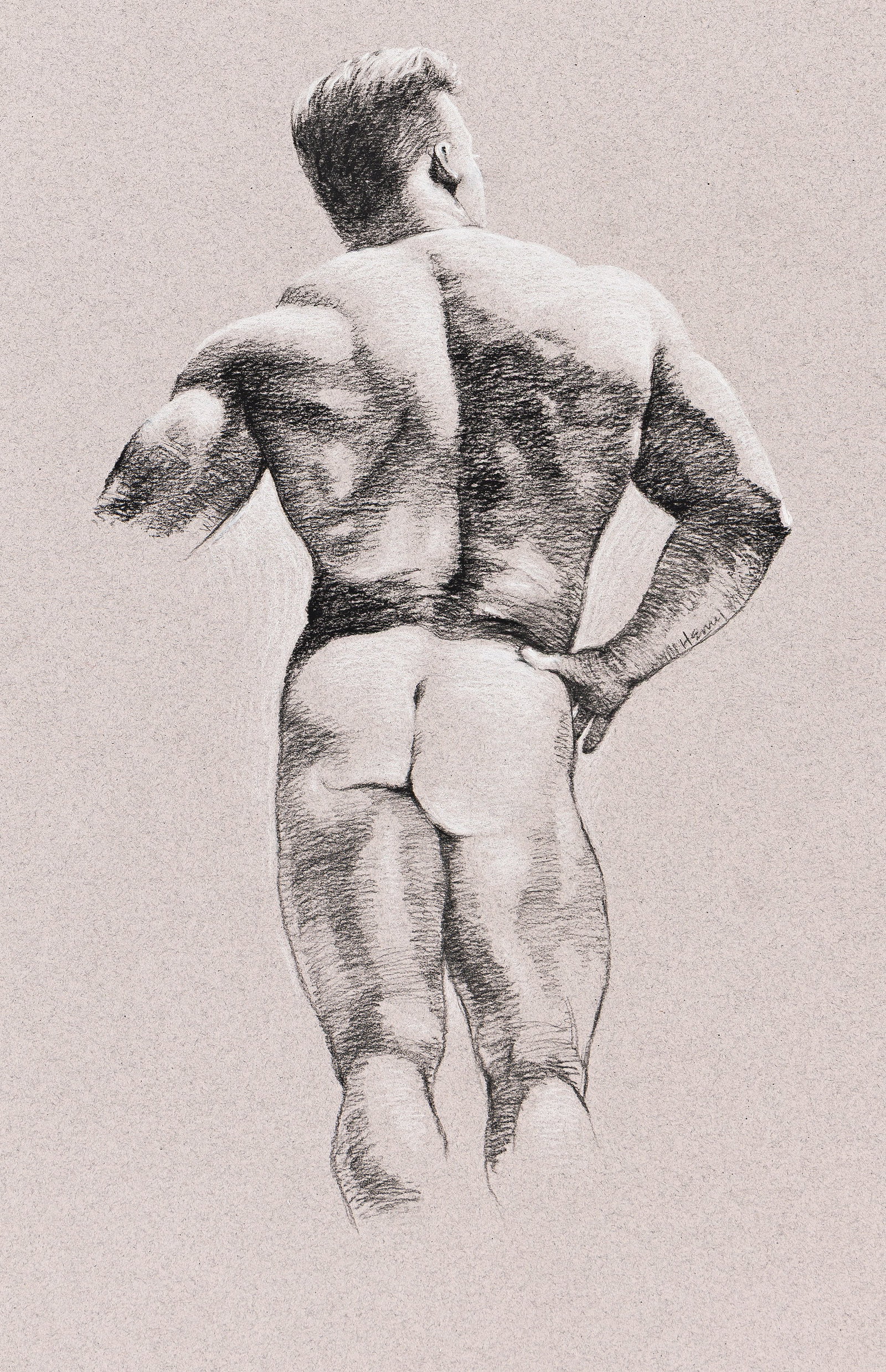 David Eugene Henry, Pair of Male Nude Studies.: David Eugene Henry b. 1947 Pair of Male Nude Studies. i) Charcoal with white heightening on grayish cream wove paper. Signed in center right image. 15 3/4 x 10 1/4 in. (40 x 26 cm.) ii) Acrylic and