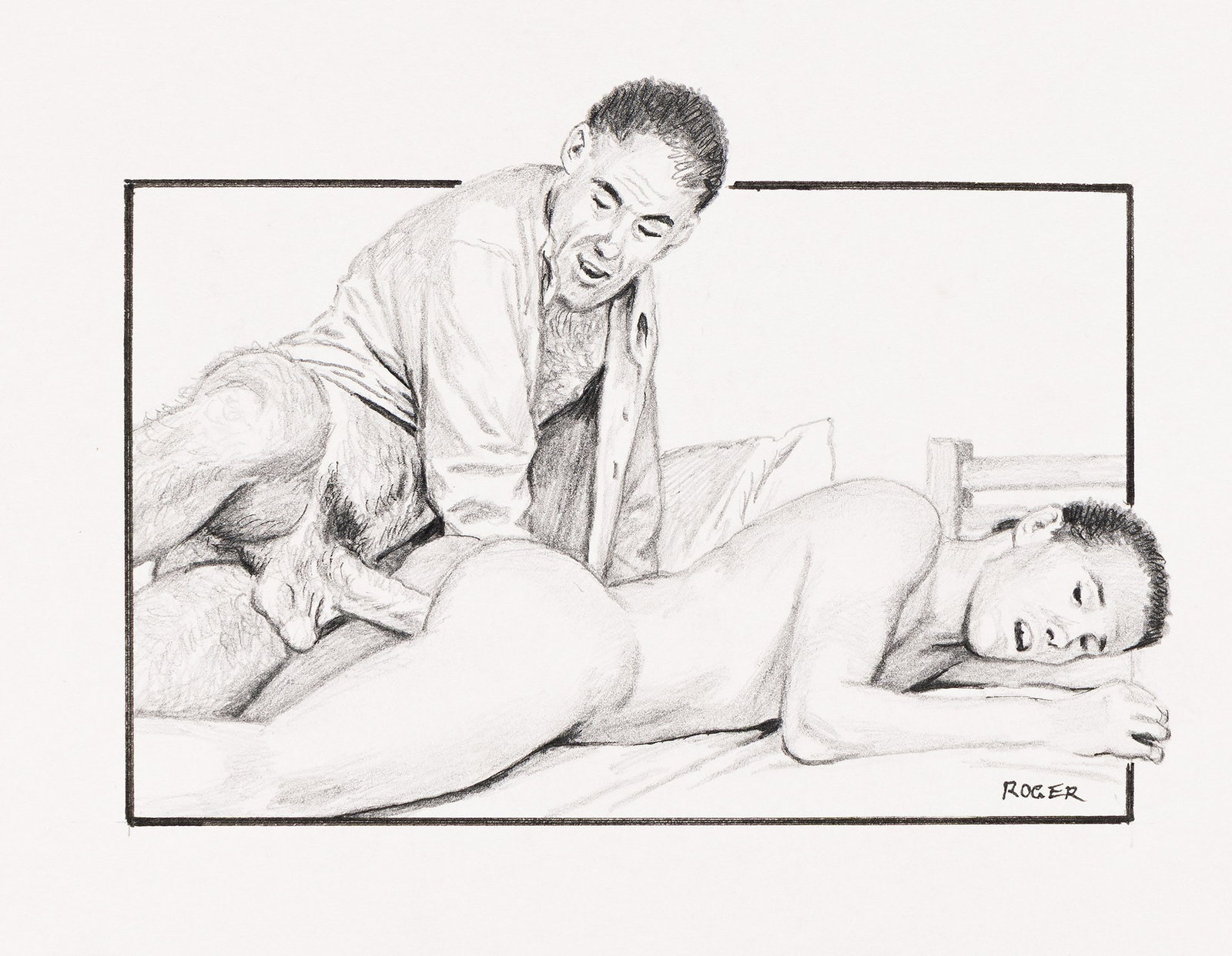 Roger Payne, Two drawings.: Roger Payne Two drawings. i) Bedroom Scene. Pencil and ink on wove paper. Signed in ink, lower right. Inscribed "494" in pencil, verso. 6 3/8 x 8 1/4 in. (16.2 x 21 cm.) ii) Frank Showing Off. Pencil 