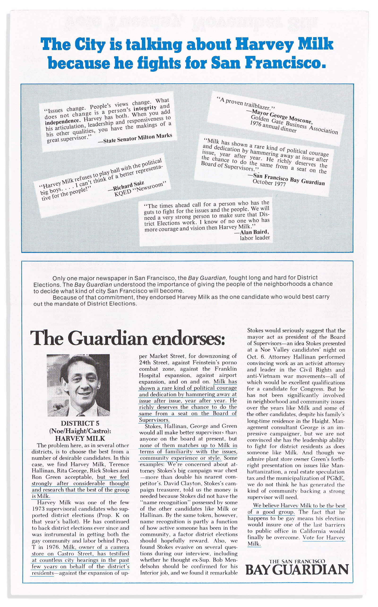The City is Talking About Harvey Milk Because He Fights for San Francisco. 1977.: The City is Talking About Harvey Milk Because He Fights for San Francisco. 2 pages on one sheet, in blue and black; mailing folds, minimal wear. San Francisco: Friends of Harvey Milk, November 1977. A