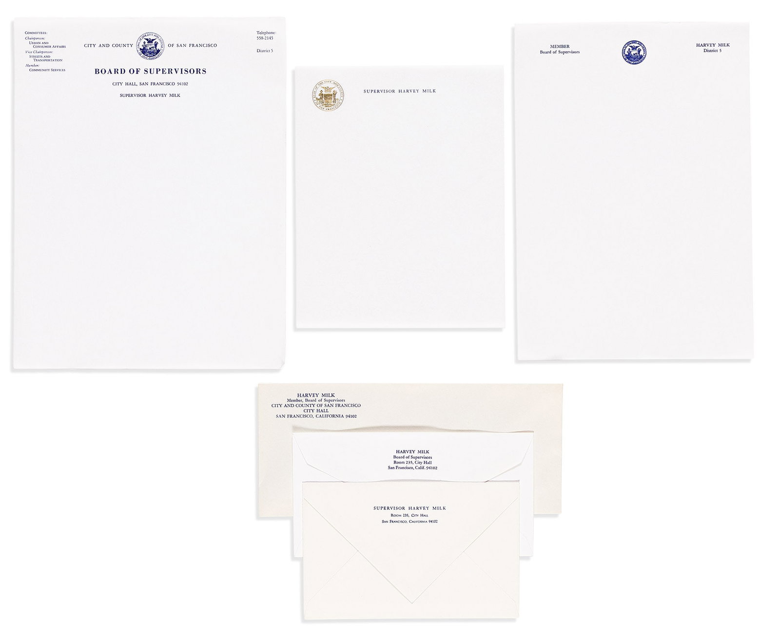 Group of blank stationery issued to Harvey Milk as a member of the San Francisco Board of: Group of blank stationery issued to Harvey Milk as a member of the San Francisco Board of Supervisors. 1978. 6 items: 3 different printed letterheads, and 3 different envelopes. 11 x 8 1/2 in. (27.9 x