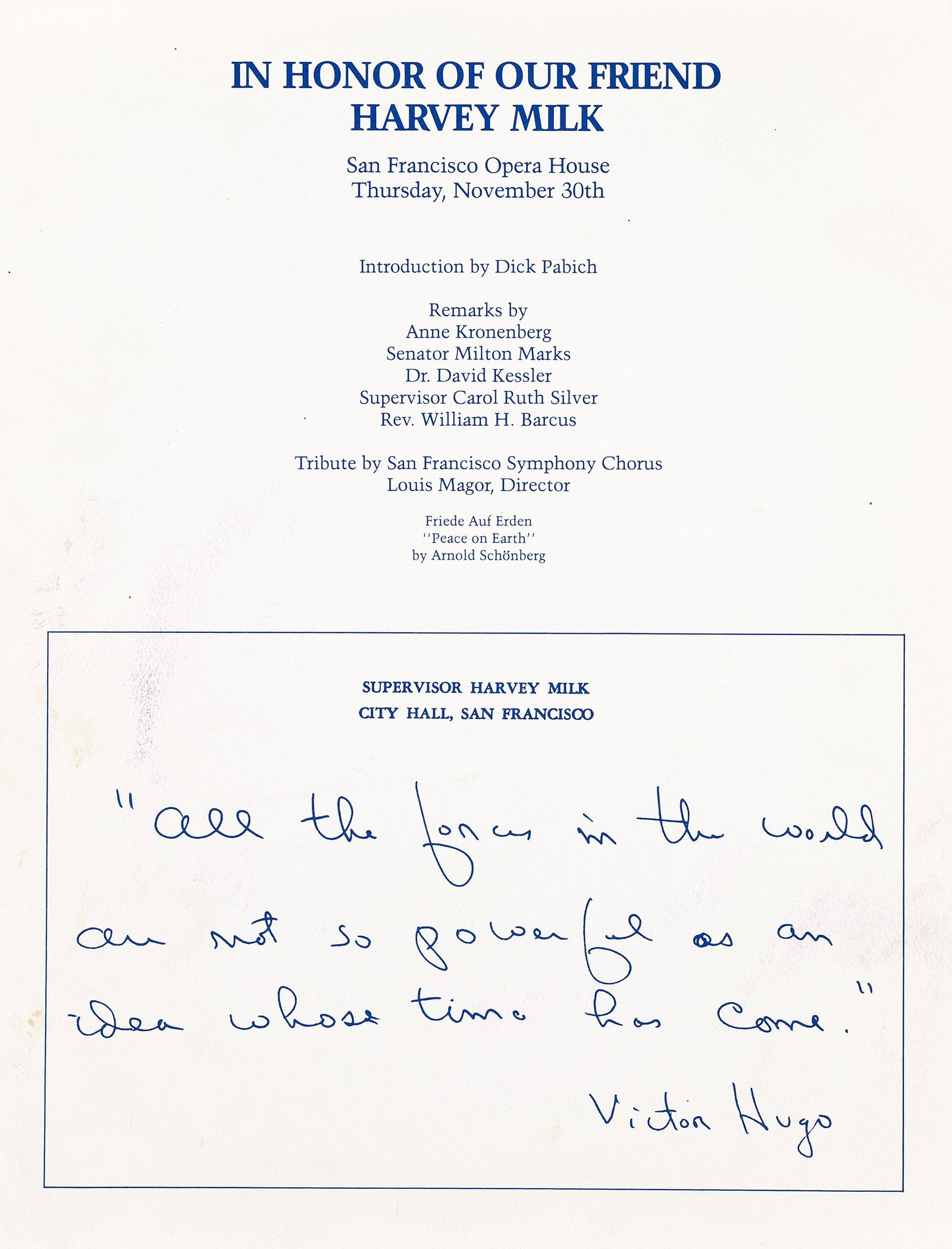 Pair of programs for Harvey Milk memorial services. 1978. (1 of 2)