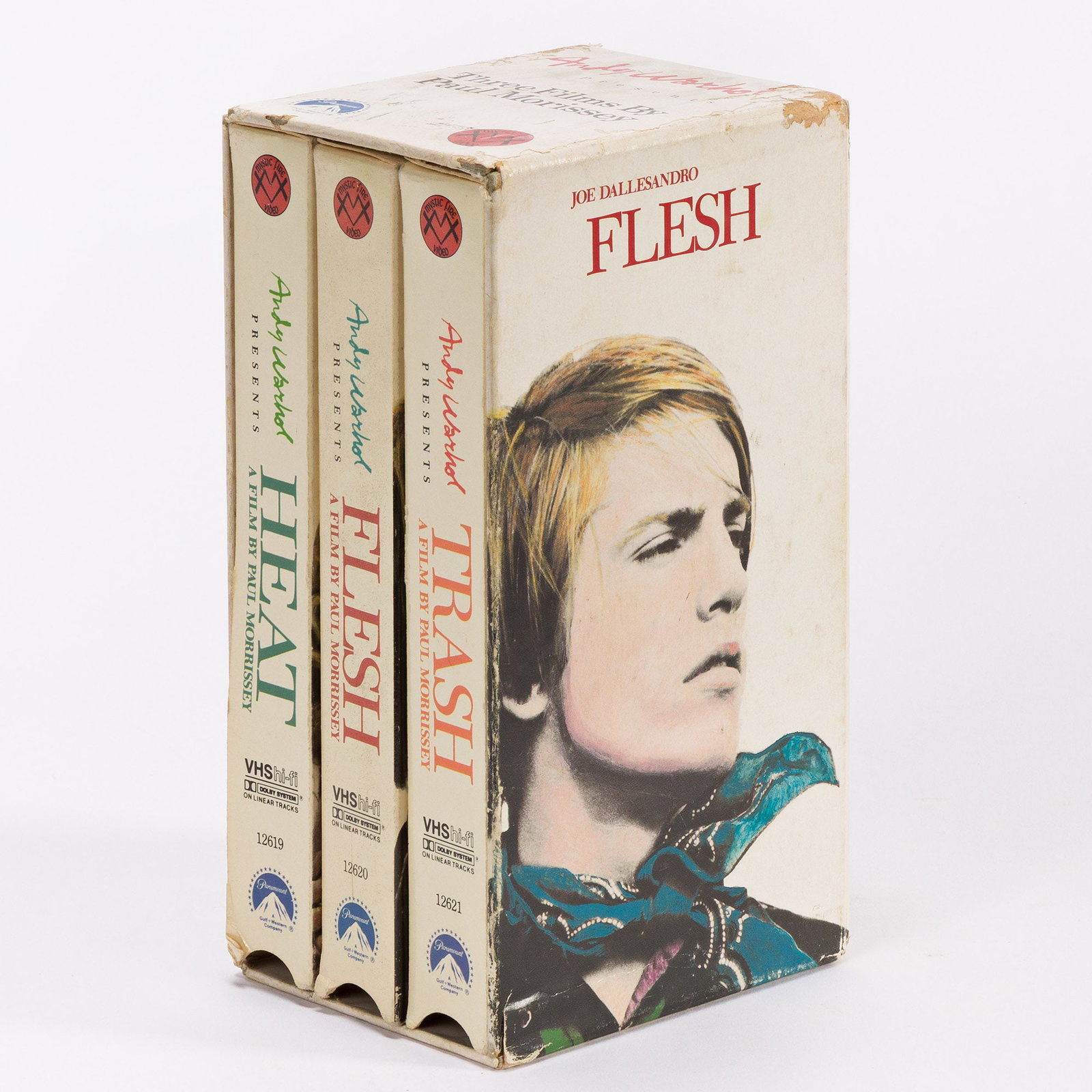 Joe Dallesandro, Heat, Flesh, and Trash signed., VHS Box Set, each of 4 boxes Signed, or Signed and (1 of 2)