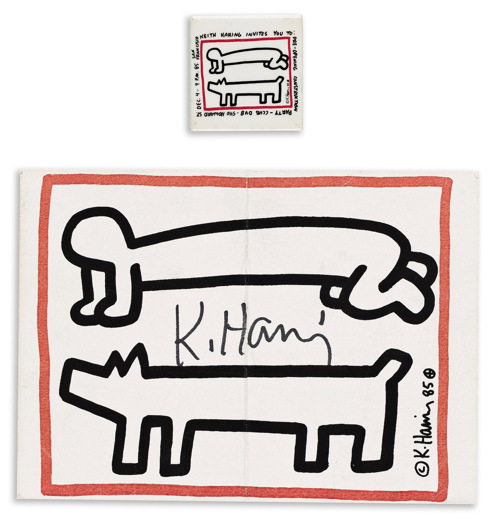 Keith Haring, "K. Haring," on postcard. 1985.: Keith Haring 1958-1990 Pre Opening Construction Party Club DV8. 1985. Lithograph postcard. Signed by the artist in marker on an invitation to a "Pre-Opening Construction Party" at Club DV8 in San Fran