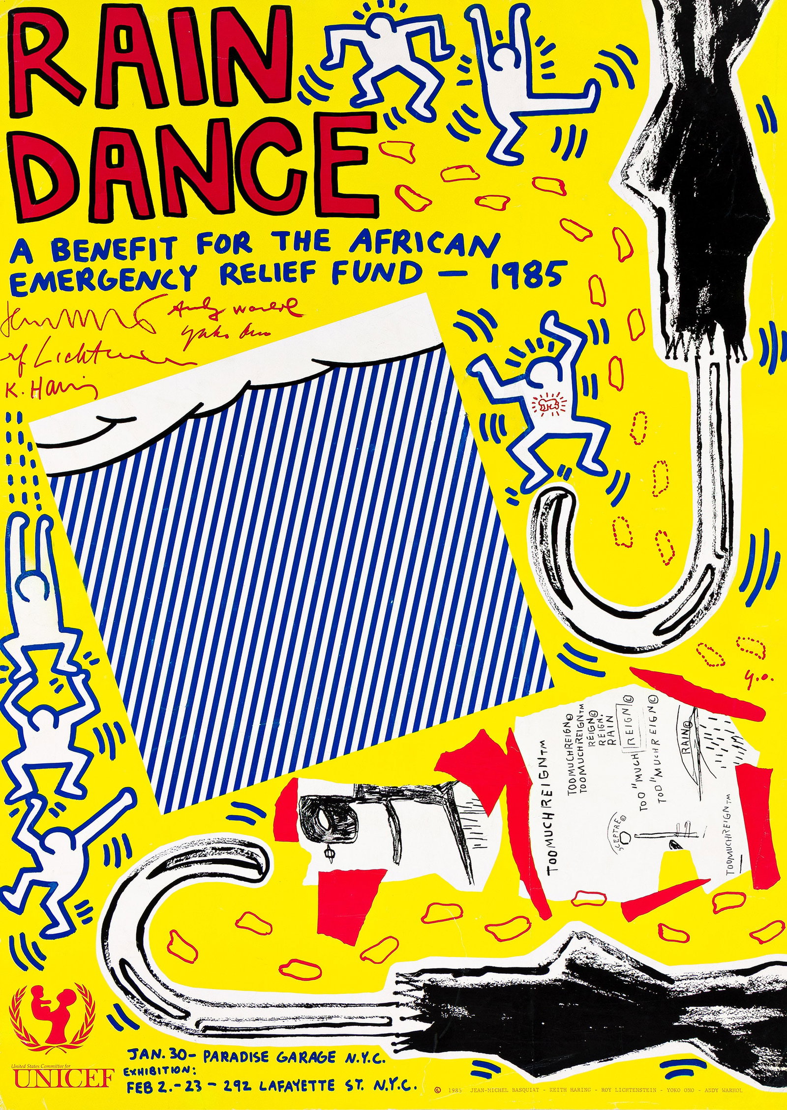 Keith Haring, Rain Dance / A Benefit for the African Emergency Relief Fund. 1985.: Keith Haring 1958-1990 Rain Dance / A Benefit for the African Emergency Relief Fund. 1985. Chromolithograph poster. An exceptional ensemble work promoting a UNICEF benefit for the African Emergency Re