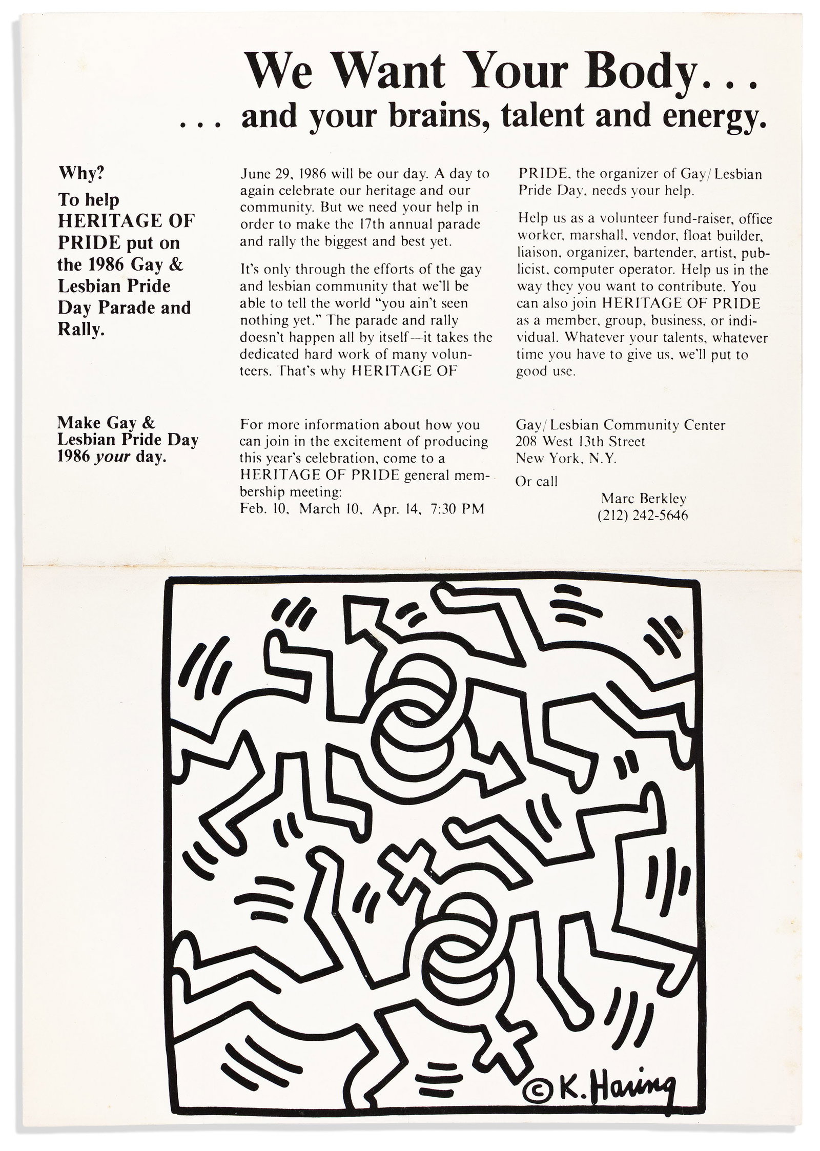 Keith Haring, "We Want Your Body . . . and Your Brains, Talent and Energy," 1986.: Keith Haring 1958-1990 "We Want Your Body . . . and Your Brains, Talent and Energy," 1986. Folding postcard on glossy stock, minimal wear and foxing. New York, 2 February 1986. Promotes "Forward Toget