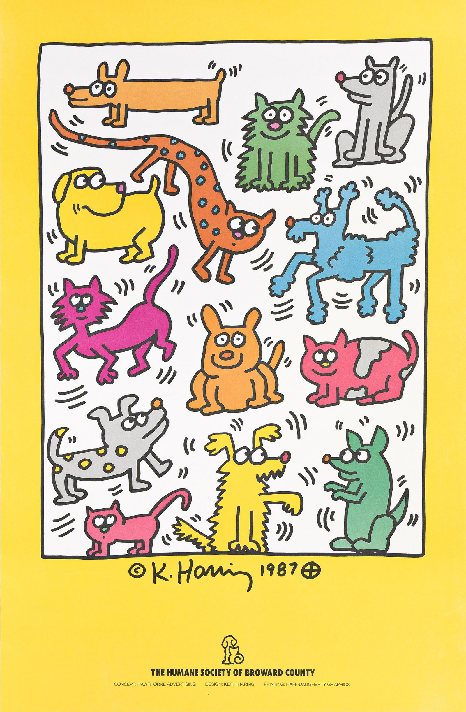 Keith Haring, The Humane Society of Broward County. 1987.: Keith Haring 1958-1990 The Humane Society of Broward County. 1987. Offset lithograph poster. Haff-Daugherty Graphics. 34x22 inches, 86¼x55¾ cm. Haff-Daugherty Graphics, Hialeah, FL.