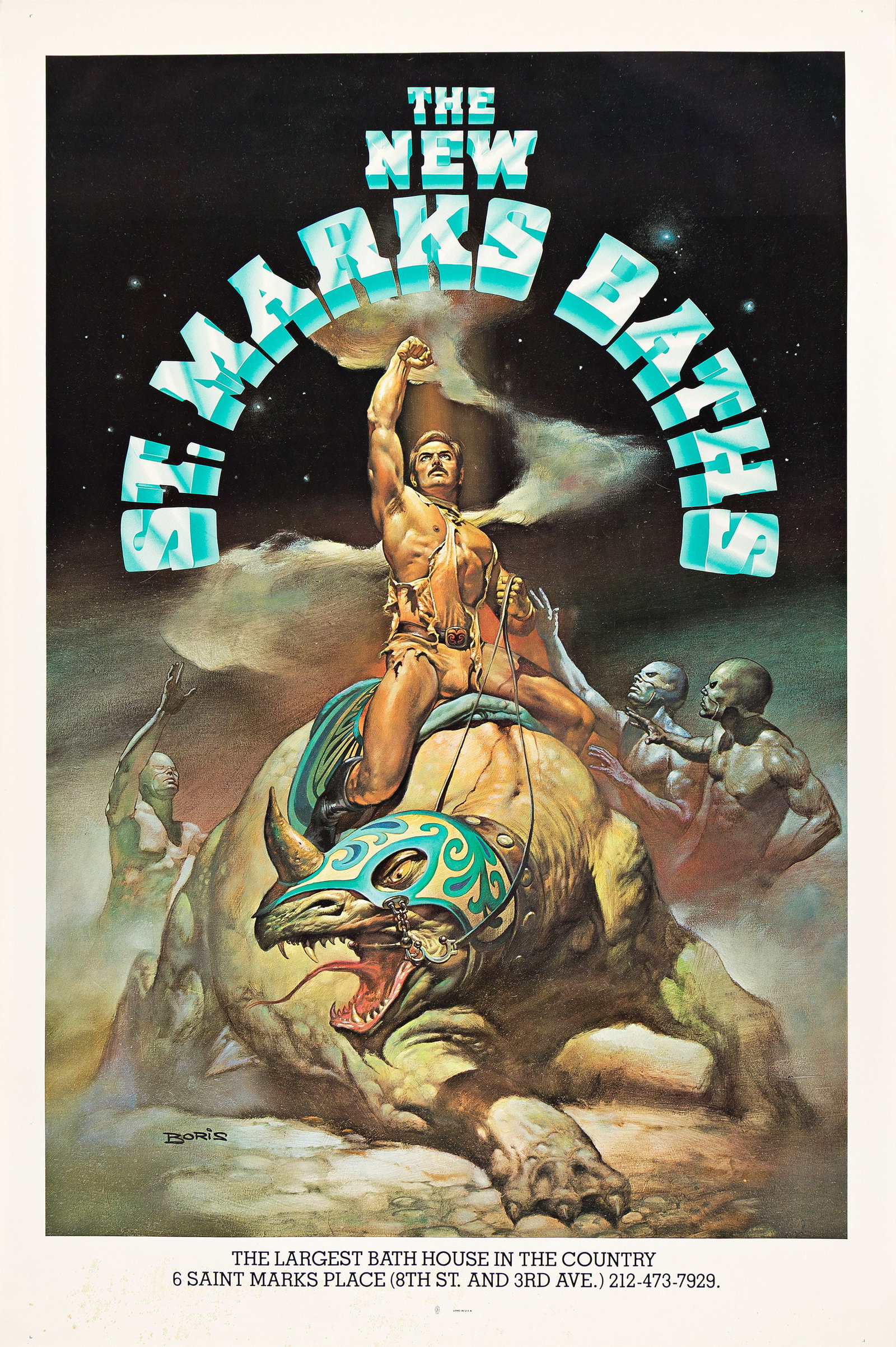 Boris Vallejo, The New St. Marks Baths. Circa 1980.: Boris Vallejo 1941- The New St. Marks Baths. Circa 1980. Offset lithograph poster. Vallejo painted Mysterious Rider circa 1978, and the image was co-opted to use to advertise the newly refurbish