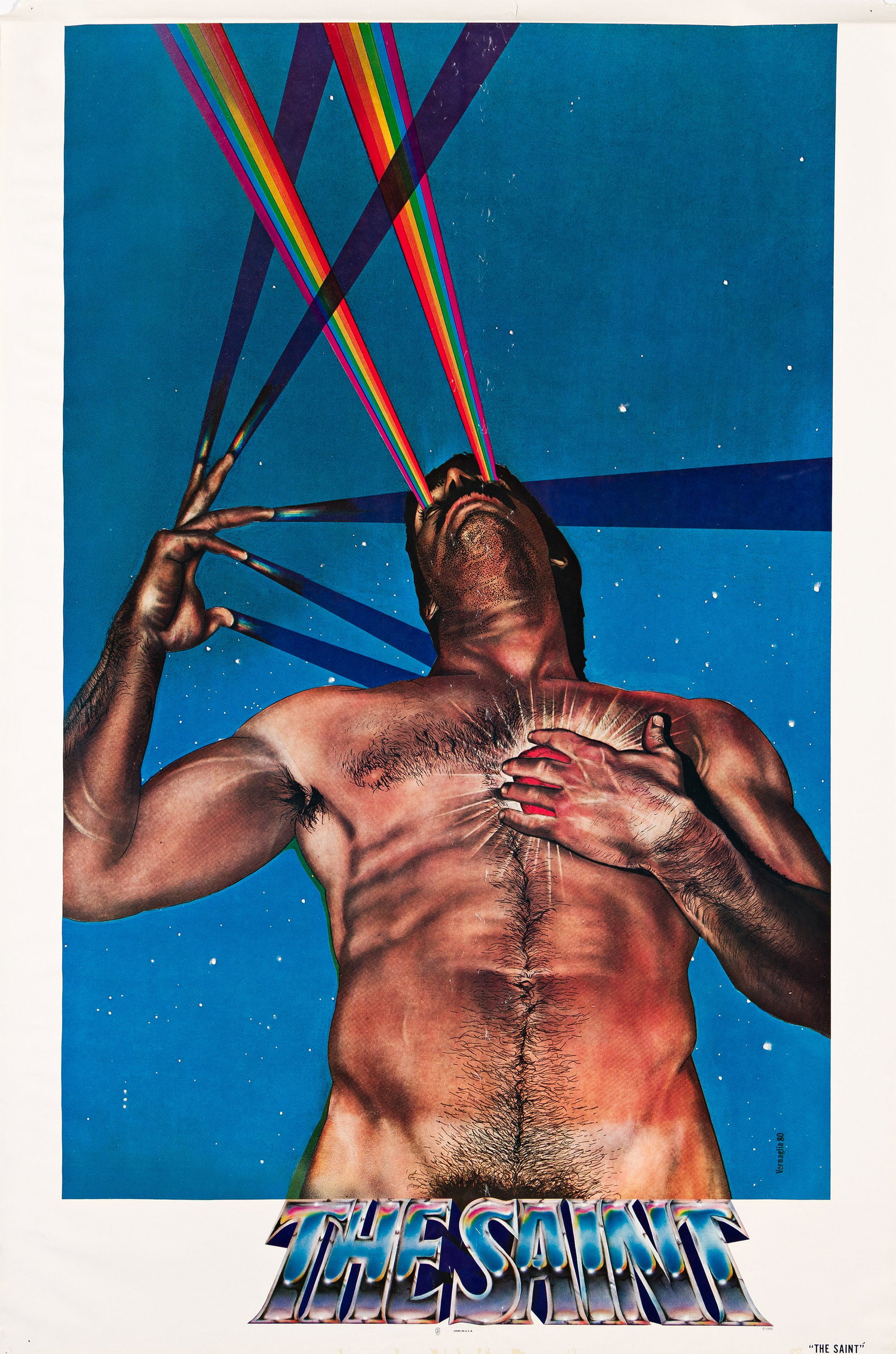 Michael Vernaglia, The Saint. 1980. Offset lithograph poster.: Michael Vernaglia 1956-1991 The Saint. 1980. Offset lithograph poster. Michael Vernaglia was an accomplished illustrator and artist throughout the 1970s. He is perhaps best known for designing the log
