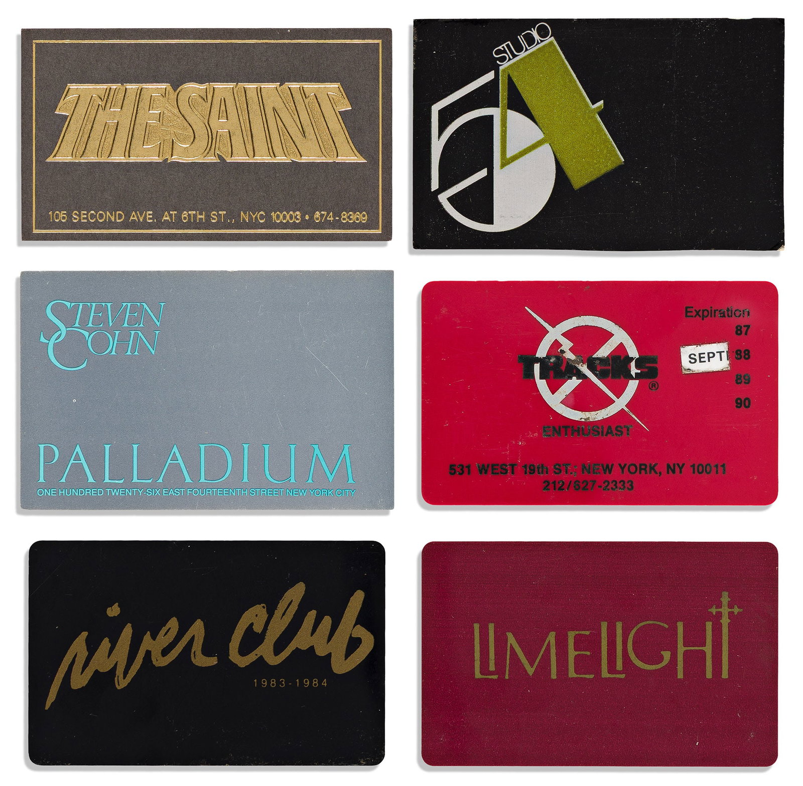 Collection of membership cards and invitations to The Saint and other clubs.: Collection of membership cards and invitations to The Saint and other clubs. 43 items, various sizes, generally minor wear. New York, 1981-1988 and undated. 36 membership cards in credit card or busin