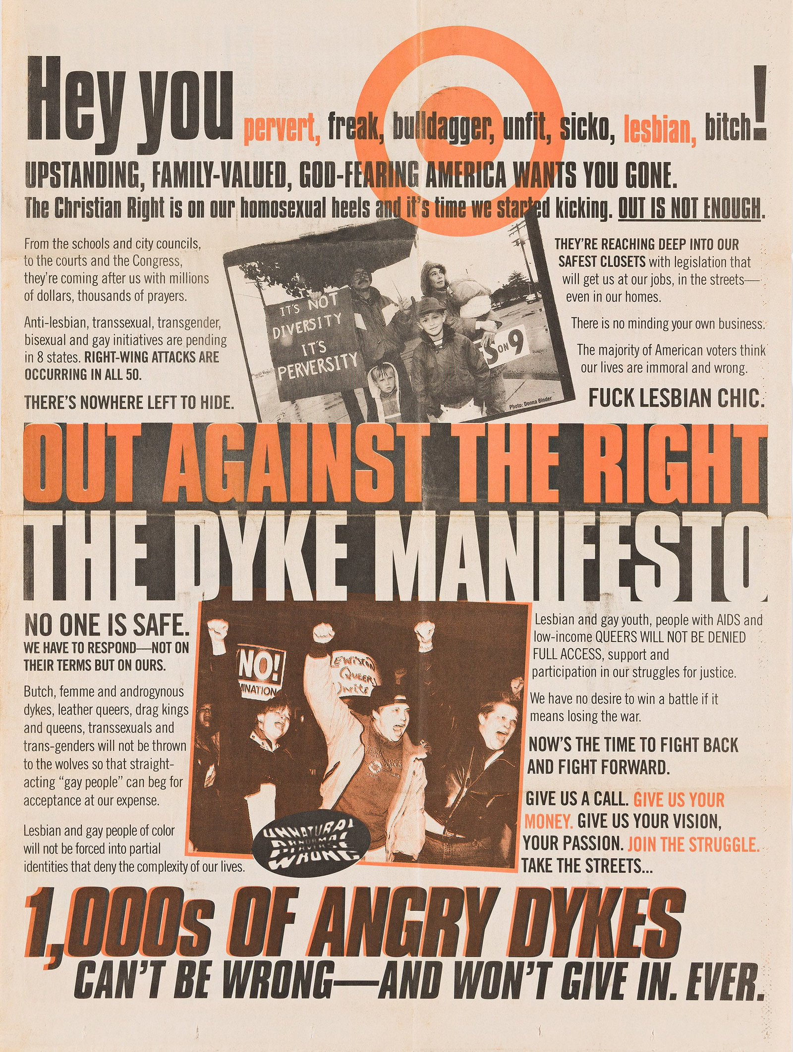 Lesbian Avenger, Out Against the Right, the Dyke Manifesto. Circa 1994. (1 of 2)