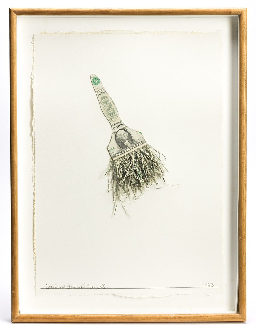 Barton Lidicé Beneš, Untitled (Paintbrush). 1983.: Barton Lidicé Beneš 1942-2012 Untitled (Paintbrush). Shredded currency collage on white wove paper support sheet, 1983. Signed and dated in pencil, lower edge recto. 19 3/8 x 14 1/8 in. (49.