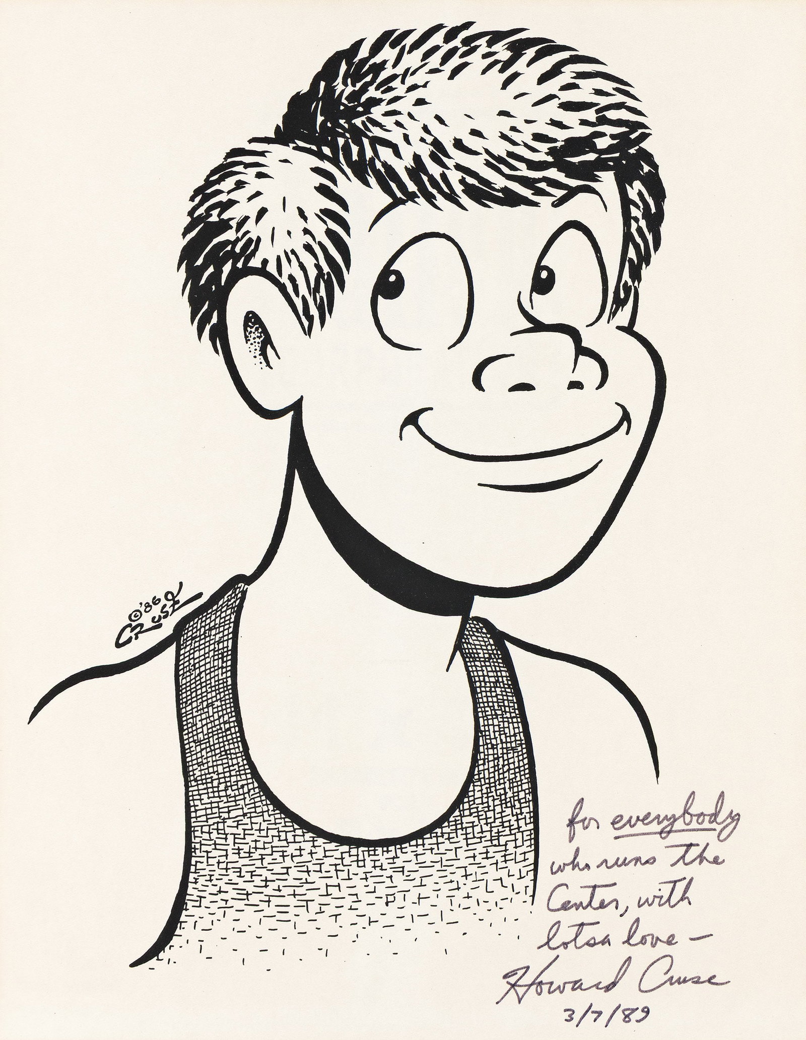 Howard Cruse, 1944-2019, Wendel. 1986.: Howard Cruse 1944-2019 Wendel. 1986. Screenprint. Signed, dated and dedicated in ink, lower right. Image: 8 1/2 x 5 3/4 in. (21.6 x 14.6 cm.), full margins. Frame: 14 1/8 x 11 1/8 in. (35.9 x 28.3 c
