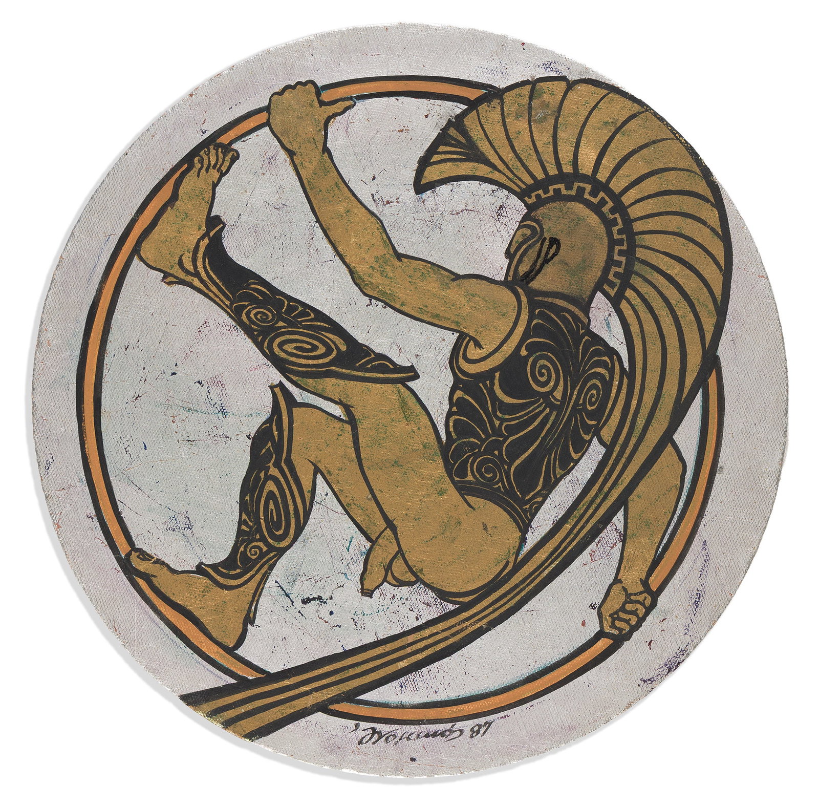 Yiannis Nomikos, Untitled (Hoplite). 1987.: Yiannis Nomikos b. 1949 Untitled (Hoplite). Acrylic on canvas, 1987. Signed and dated, lower center. Diameter: 12 in. (30.5 cm.)