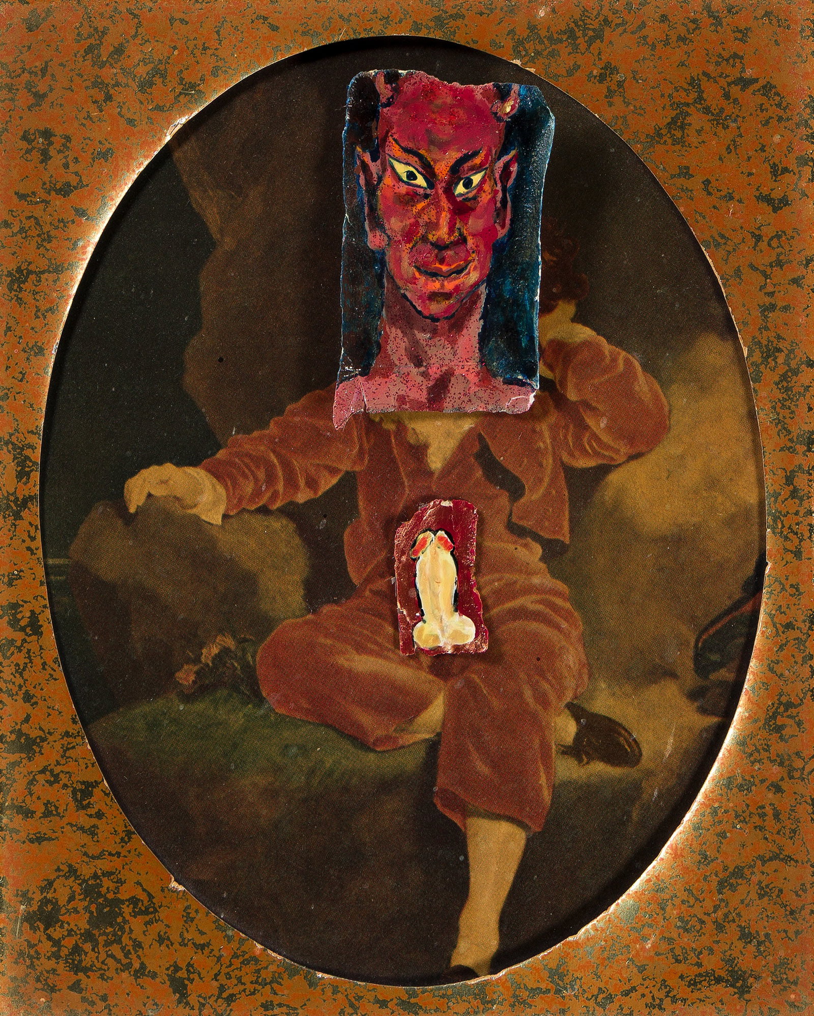 Jerome Caja, 2 Red Heads. 1994.: Jerome Caja 1958-1995 2 Red Heads. 1994. Nail polish on paper and found photo collage on board. 10 1/8 x 8 1/8 in. (25.7 x 20.6 cm.) Frame: 11 3/4 x 9 3/4 in. (29.8 x 24.8 cm.)