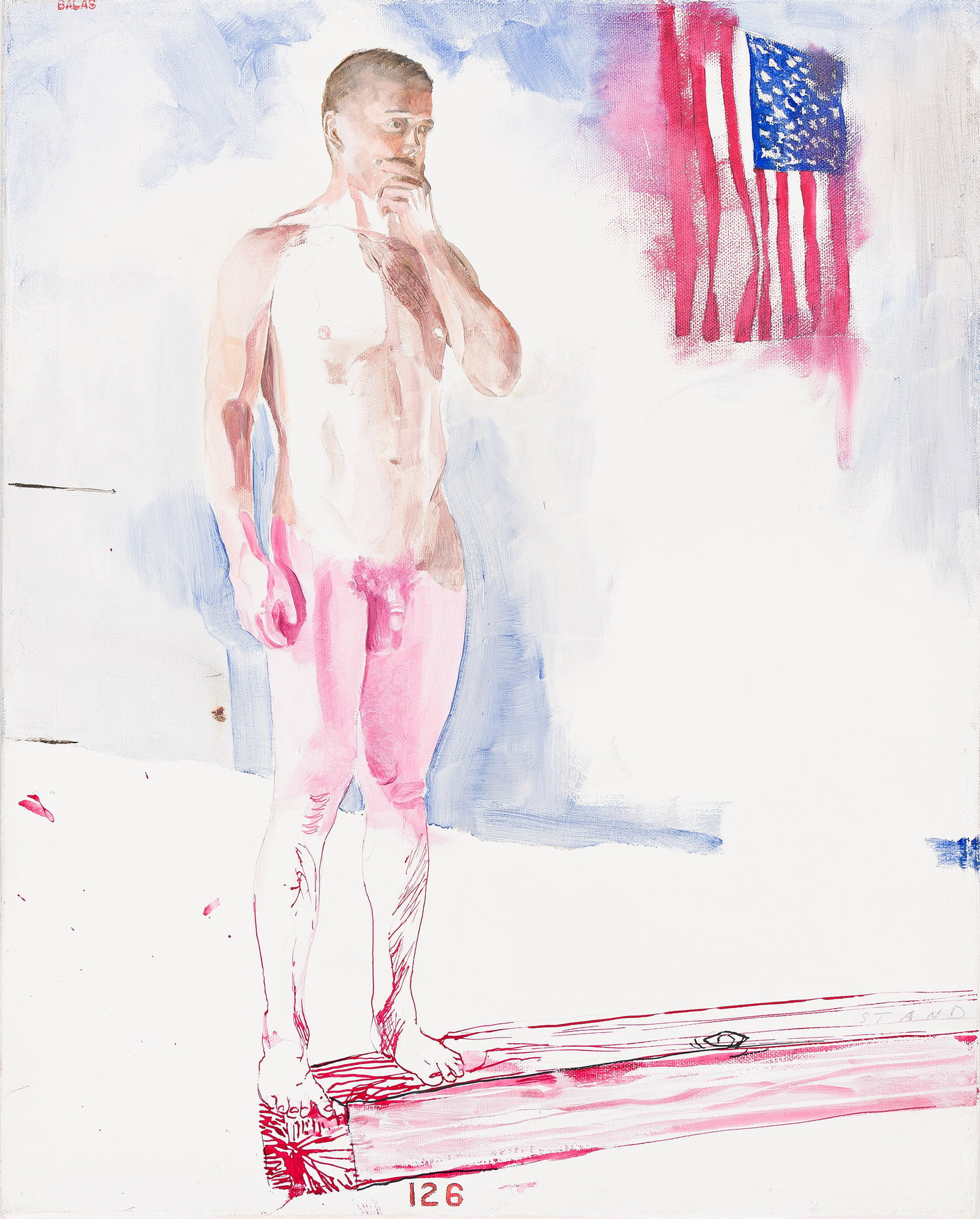 Jack Balas, Study for "Stand". 2005.: Jack Balas b. 1955 Study for "Stand". Oil and ink on canvas, 2005. Signed, upper left, and inscribed "Stand", lower right. Signed, titled, dated and inscribed "126" in ink, verso. 20 x 16 in. (50.8 x