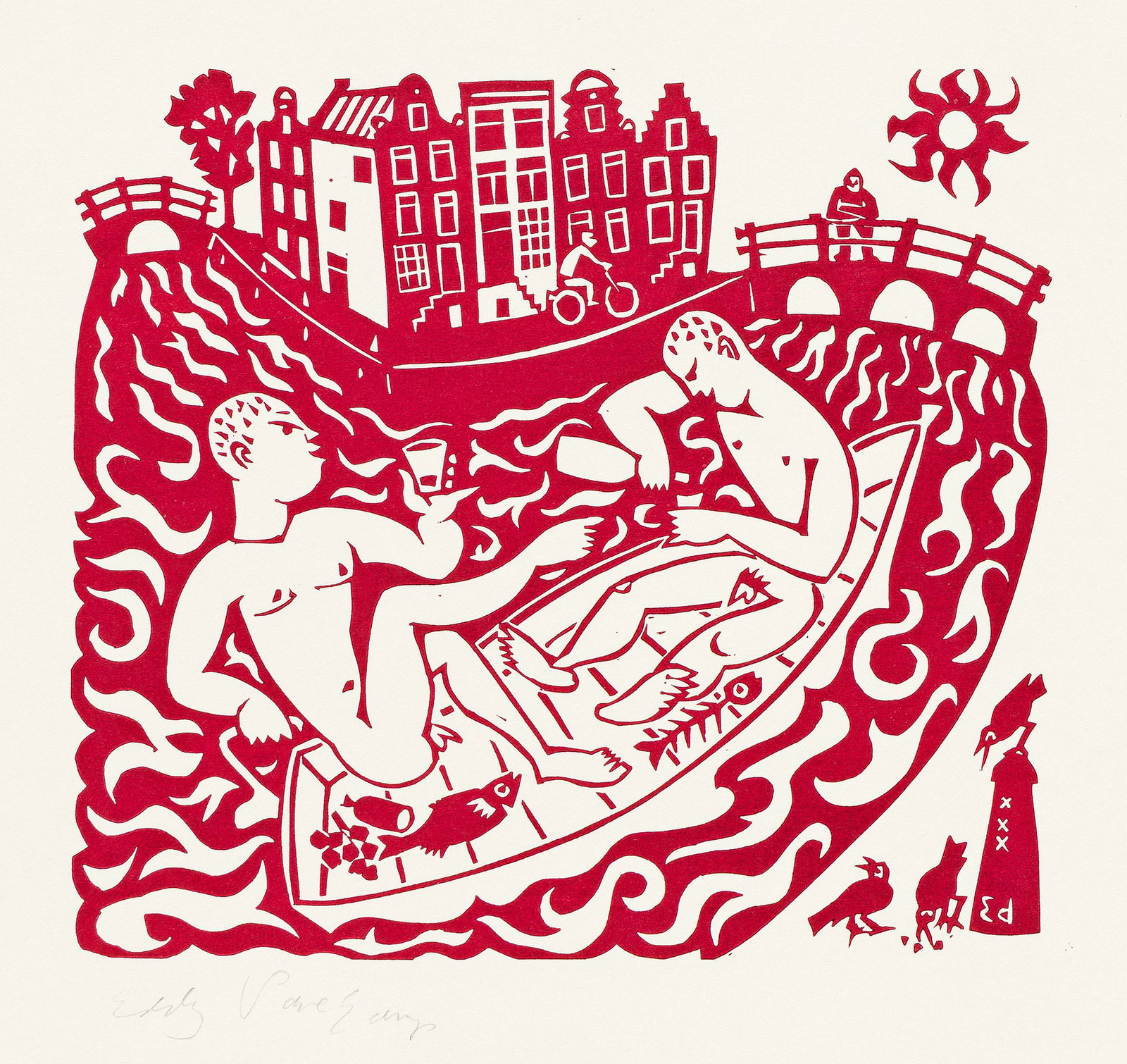 Eddy Varekamp, Untitled (Boat Picnic).: Eddy Varekamp b. 1949 Untitled (Boat Picnic). Linoleum cut printed in red. Signed in pencil, lower left. Image: 7 5/8 x 8 3/8 in. (19.4 x 21.3 cm.), full margins. Frame: 15 x 15 in. (38.1 x 38.1 cm.)
