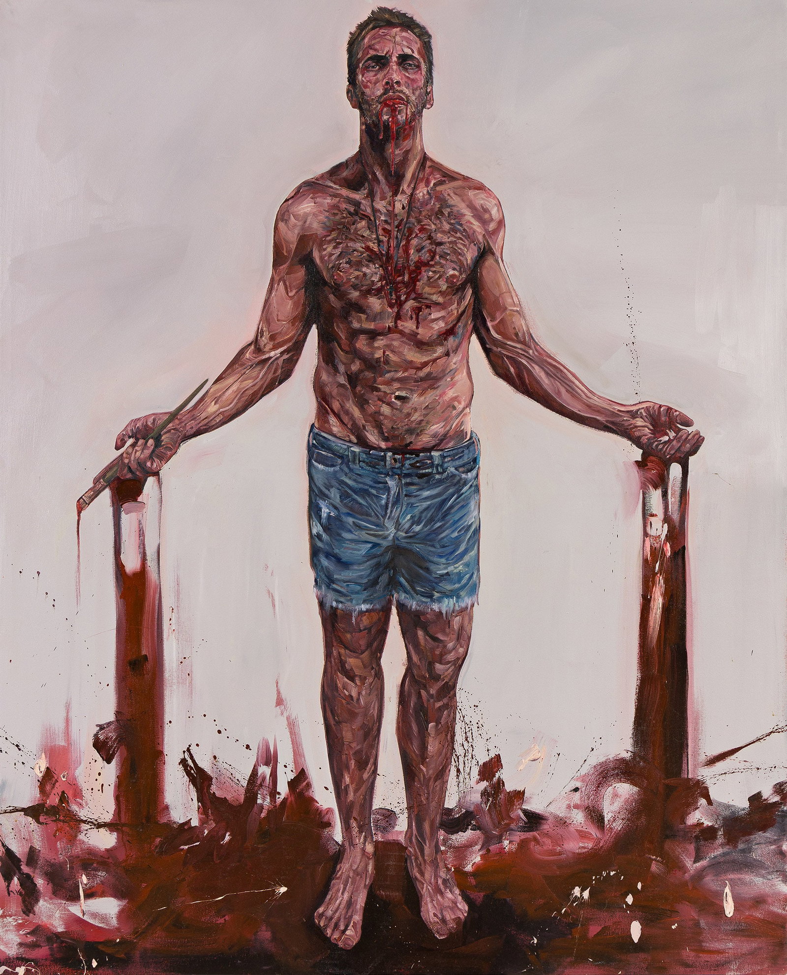 Andrew Salgado The Stigmata: Now Boys We are Expected to Show Ourselves (Voyeur), oil on canvas.: Andrew Salgado b. 1982 The Stigmata: Now Boys We are Expected to Show Ourselves (Voyeur). 2009. Oil on cotton canvas. Signed, titled and dated in felt-tip marker on the stretcher bar. Signed, dated "2