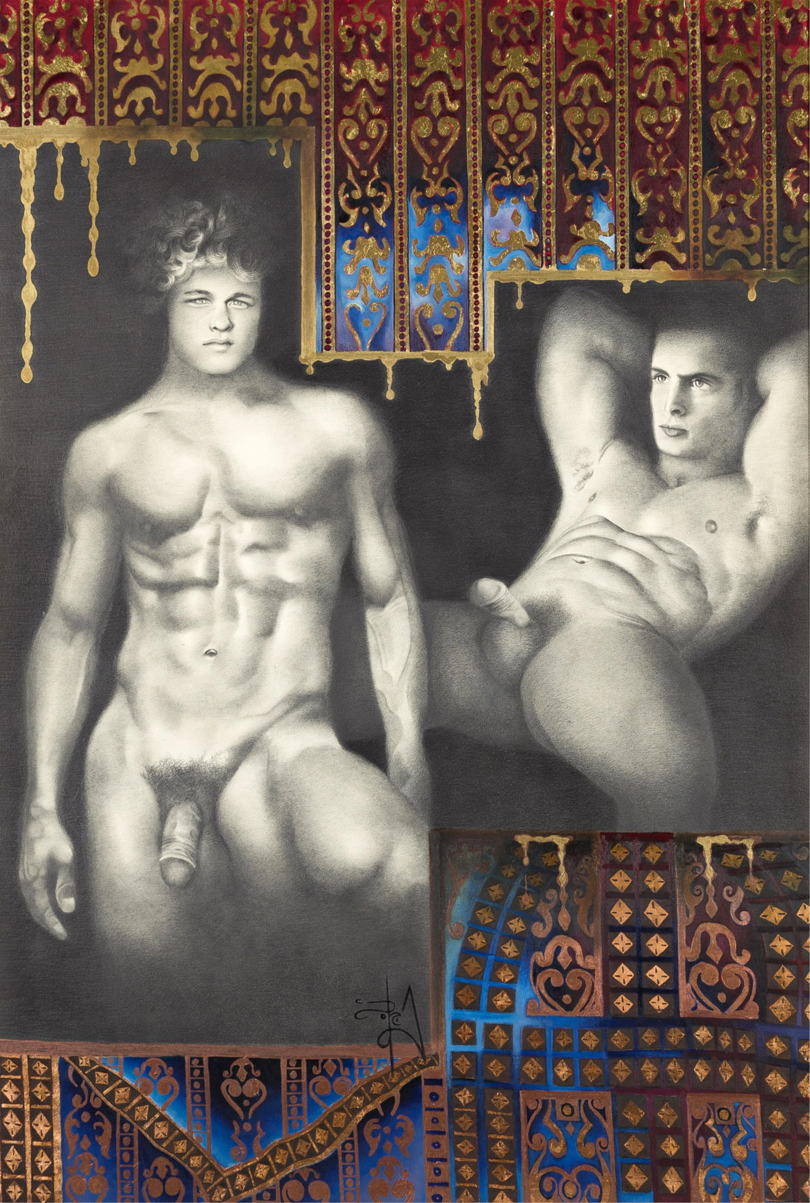 Sonia Melara, Alexander and Haephestion. 2005.: Sonia Melara 1960- Alexander and Haephestion. Mixed media on museum board, 2005. Signed with artist's mark at lower center. 58 1/2 x 40 in. (148.6 x 101.6 cm.)
