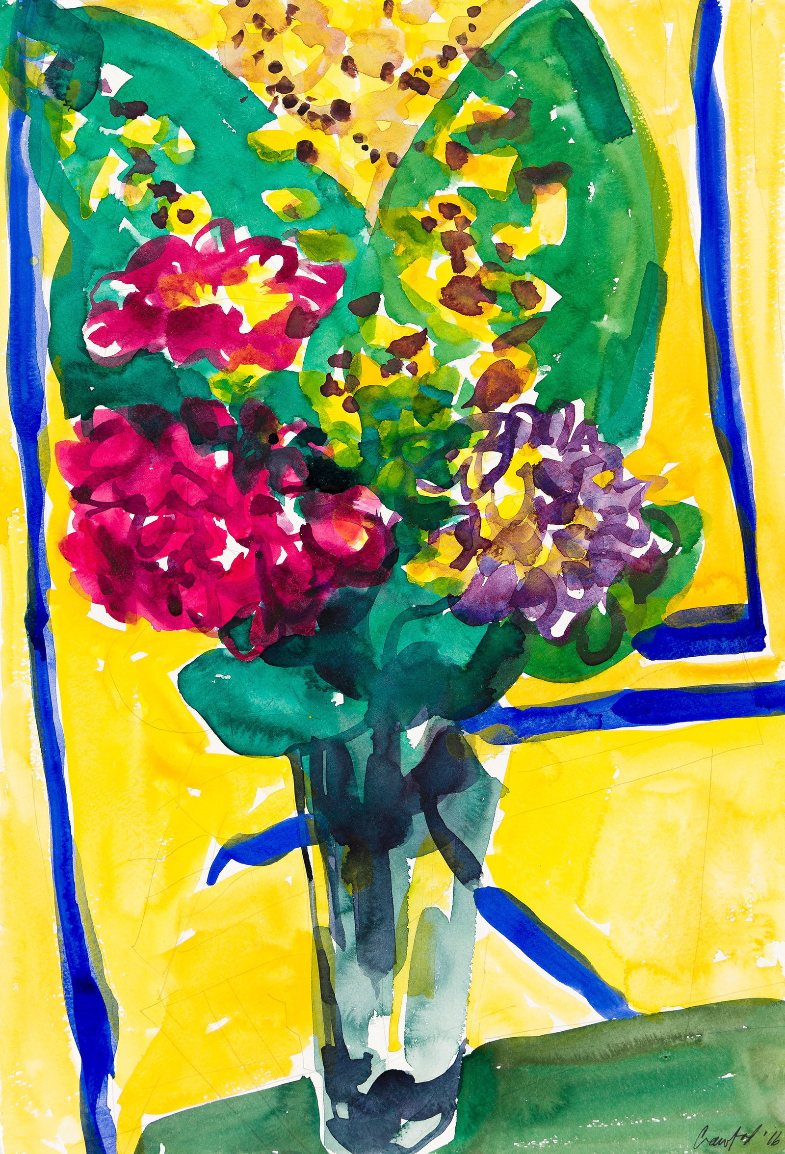 Stephanie Crawford, Still Life with Green Vase. 2016.: Stephanie Crawford b. 1942 Still Life with Green Vase. Watercolor and pencil on paper, 2016. Signed and dated in ink, lower right. 22 1/4 x 15 in. (56.5 x 38.1 cm.) Frame: 25 3/4 x 18 3/4 in. (65.4