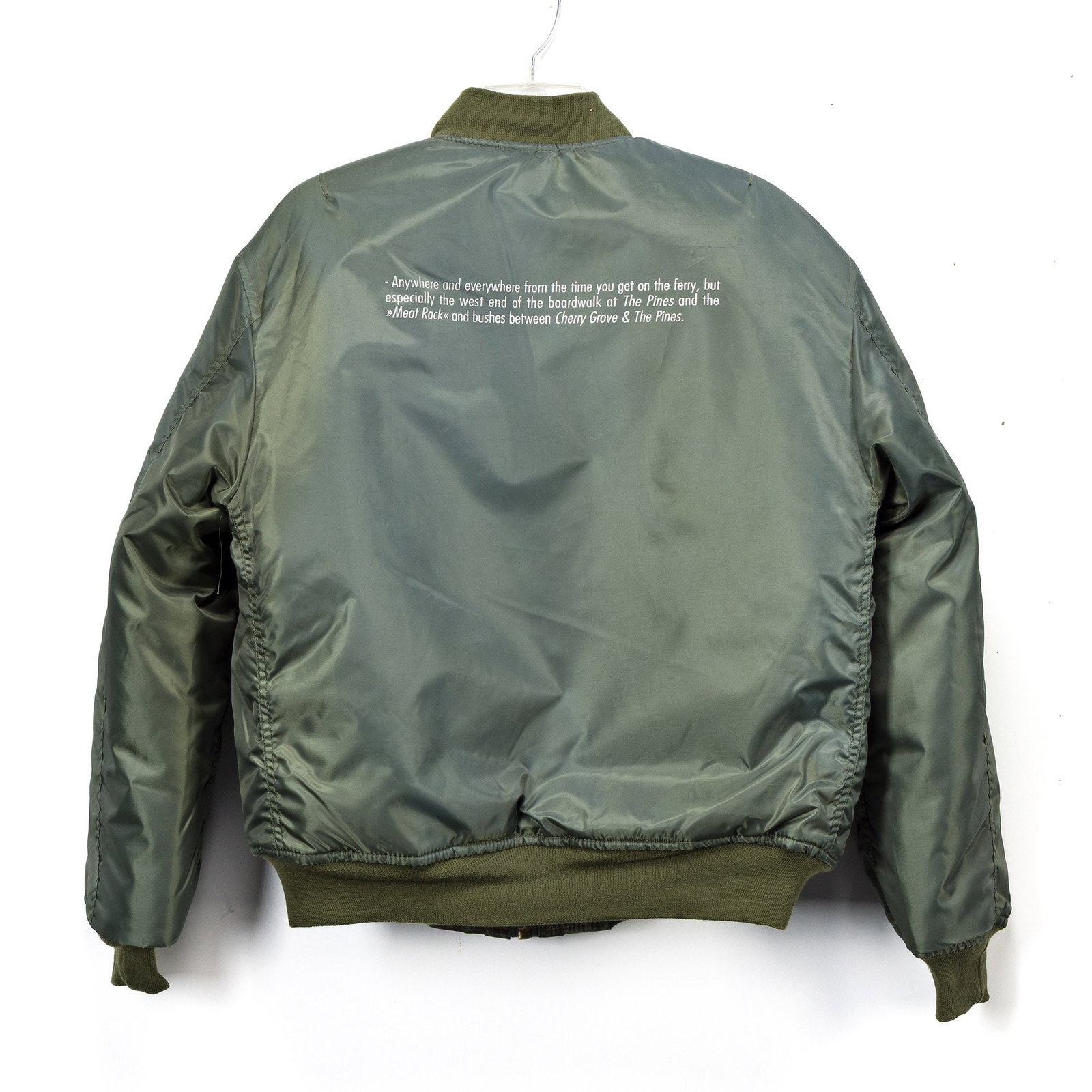 Tom Burr, Green Bomber Jacket (Fire Island). 2019.: Tom Burr b. 1963 Green Bomber Jacket (Fire Island). 2019. Silkscreen on bomber jacket. From a series of 20. Launched in conjunction with Whitechapel Gallery Editions, London and Frieze New York. 28