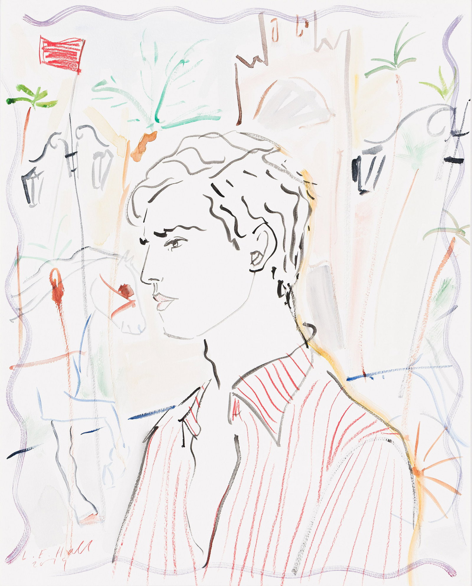 Luke Edward Hall, Marrakech Scene with Horse. 2019.: Luke Edward Hall 1989- Marrakech Scene with Horse. Watercolor on wove paper, 2019. Signed and dated, lower left. 20 x 16 in. (50.8 x 40.6 cm.), Frame: 31 1/2 x 26 1/2 x 1 in. (80 x 67.3 x 2.5 cm.) <
