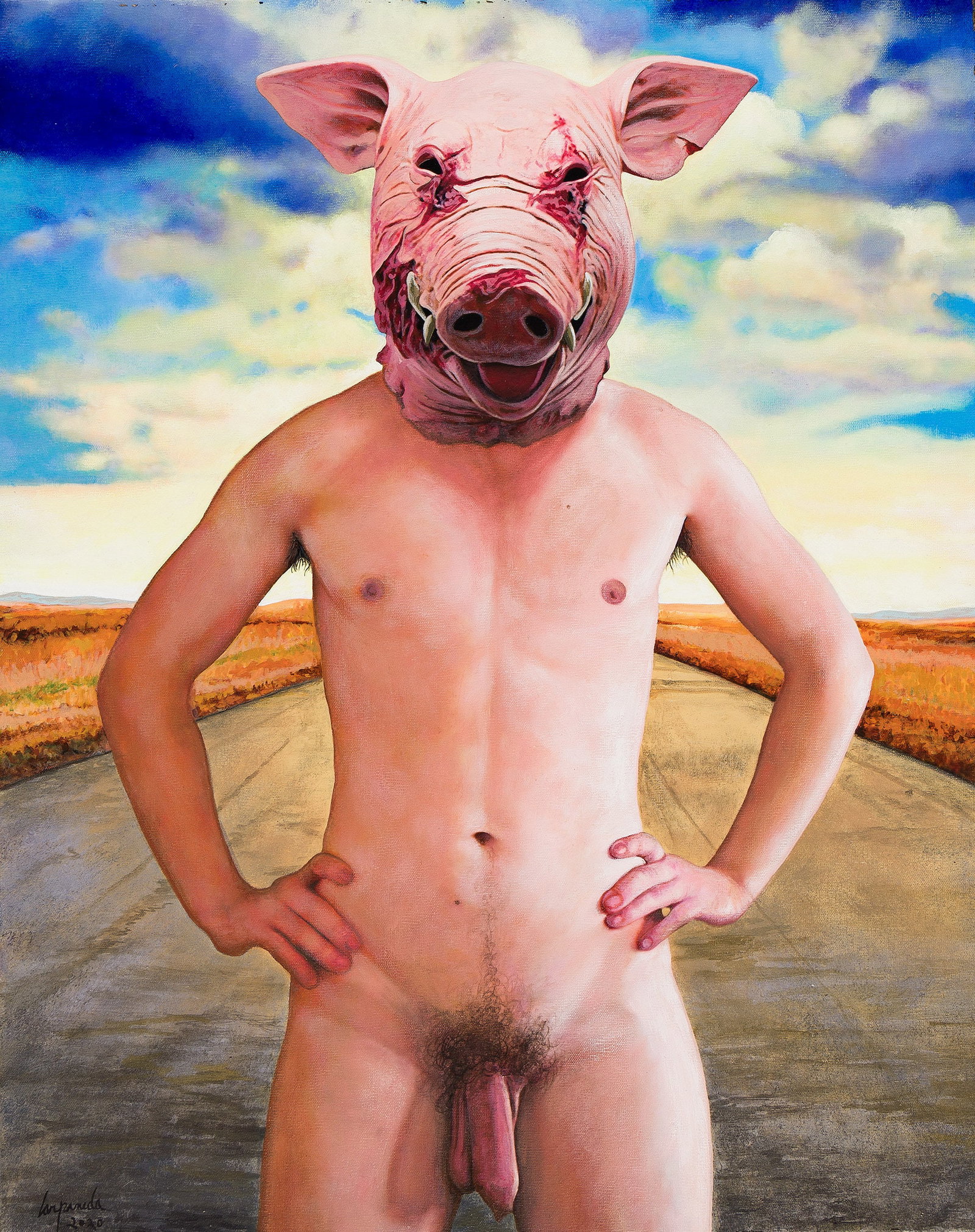 Fernando Carpaneda, Pig - Boy. 2020.: Fernando Carpaneda b. 1967 Pig - Boy. 2020. Acrylic on canvas. Signed and dated, lower left. Signed, titled and dated, verso. 20 x 16 in. (50.8 x 40.6 cm.) Frame: 27 x 23 in. (68.6 x 58.4 cm.)