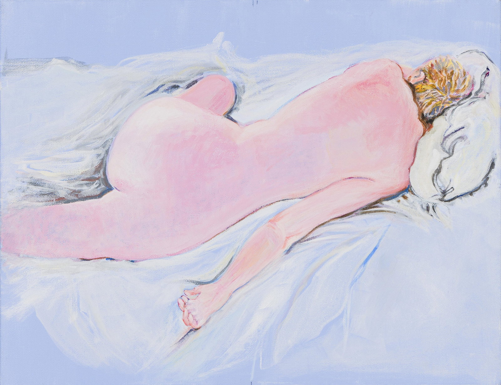Carol Saft, Blue Bed. 2021.: Carol Saft b. 1947 Blue Bed. Acrylic on canvas, 2021. Signed, titled and dated verso. From the At-Home series. 14 x 18 in. (35.6 x 45.7 cm.)