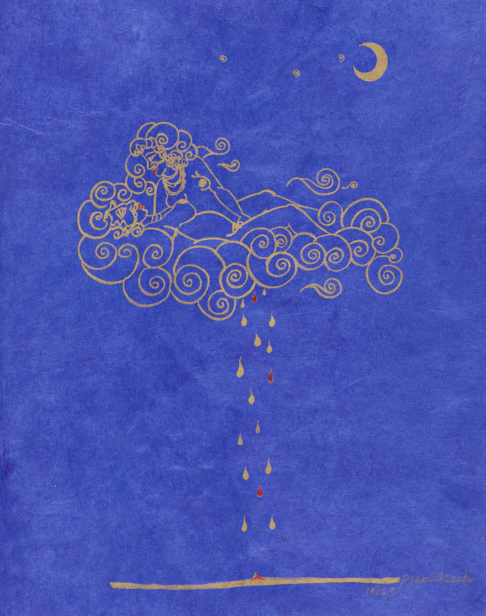 Pyaari Azaadi, Sapphic Lovers Making Monsoons. 2022.: Pyaari Azaadi b. 1969 Sapphic Lovers Making Monsoons. Color lithograph with hand embellishments, 2022. Signed and numbered 18/25 in gold ink, lower right. Sheet: 20 3/8 x 16 in. (51.8 x 40.6 cm.)