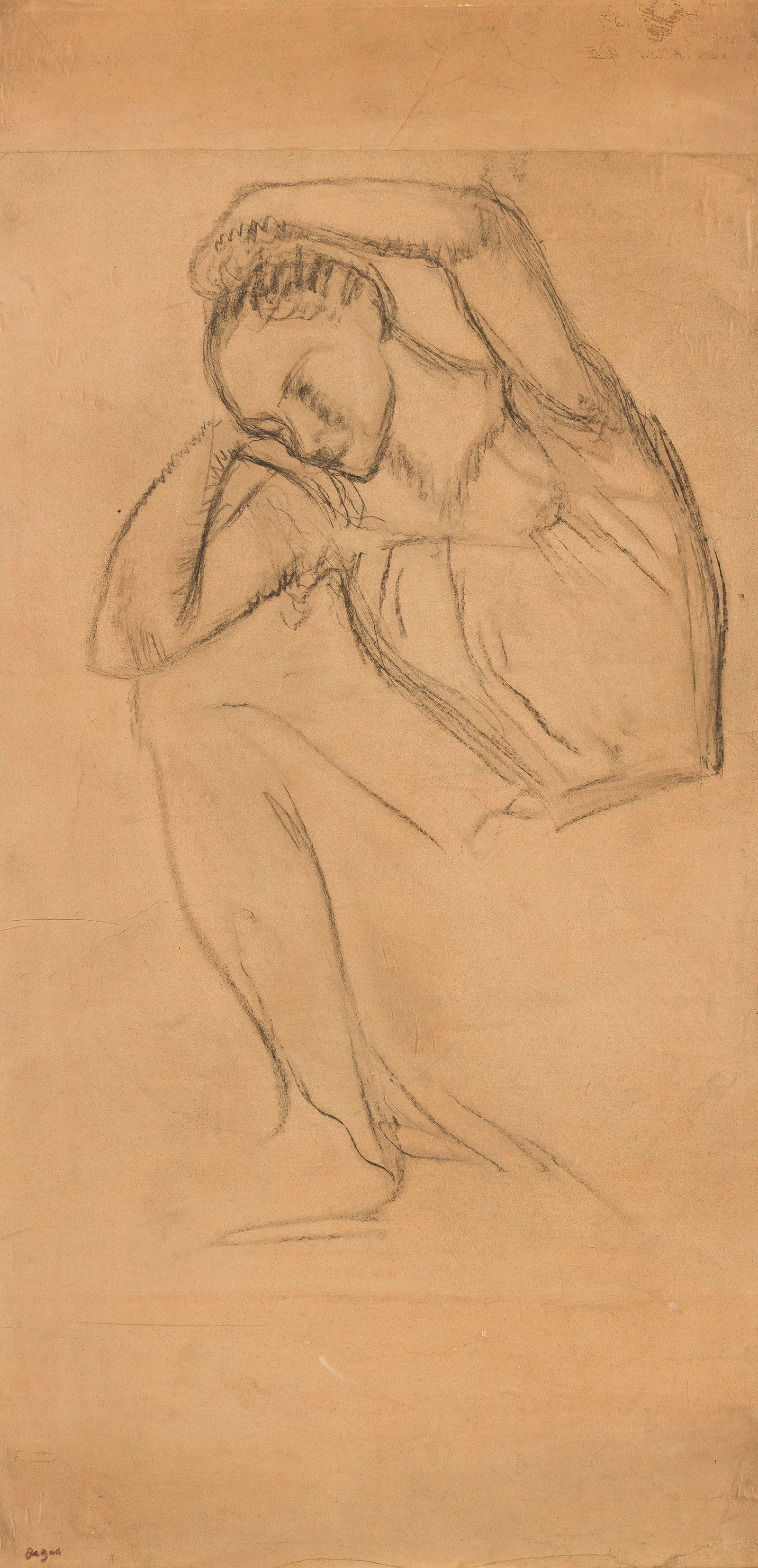 Edgar Degas (1834-1917), Danseuse au repos.: Edgar Degas (1834-1917) Danseuse au repos. Charcoal on tracing paper laid down on card. 33 7/8 x 17 5/8 in. (85.7 x 45 cm.) Frame: 44.32 x 28 1/4 in. (112.6 x 71.8 cm.) Provenance: Estate of