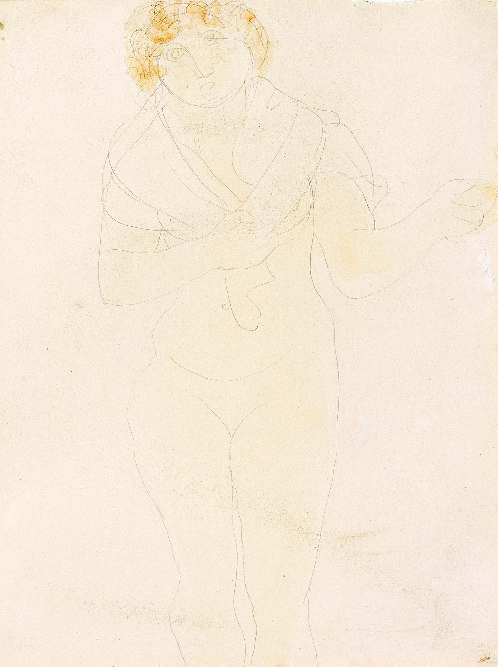 Auguste Rodin (1840-1917), Femme au châle sur les épaules, circa 1896.: Auguste Rodin (1840-1917) Femme au châle sur les épaules. Watercolor and pencil on cream wove paper, circa 1896. 12 1/2 x 9 1/2 in. (31.7 x 24.4 cm.) Frame: 22 1/4 x 17 3/4 in. (56.5 x 45.1 