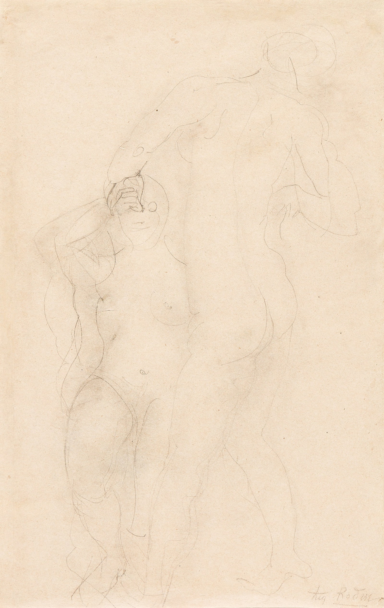 Auguste Rodin (1840-1917), Deux femmes nues, circa 1900.: Auguste Rodin (1840-1917) Deux femmes nues. Pencil on thin wove paper, circa 1900. Signed lower right. 11 7/8 x 7 5/8 in. (30 x 19.3 cm.) Frame: 23 x 19 in. (58.4 x 48.3 cm.) Note T
