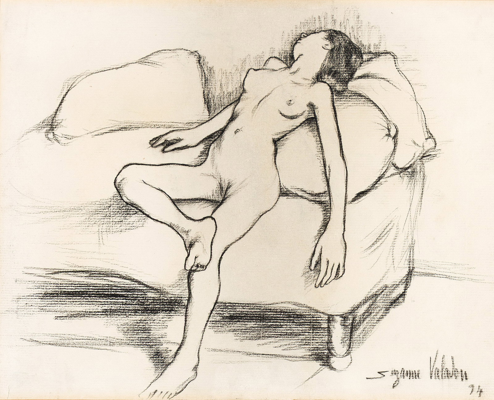 Suzanne Valadon (1865-1938), Femme nu allongeé, 1894.: Suzanne Valadon (1865-1938) Femme nu allongeé. Black chalk on laid paper, 1894. Signed and dated lower right. With a figural sketch in pencil, verso. 8 7/8 x 11 1/8 in. (22.5 x 28.3 cm.) Frame: