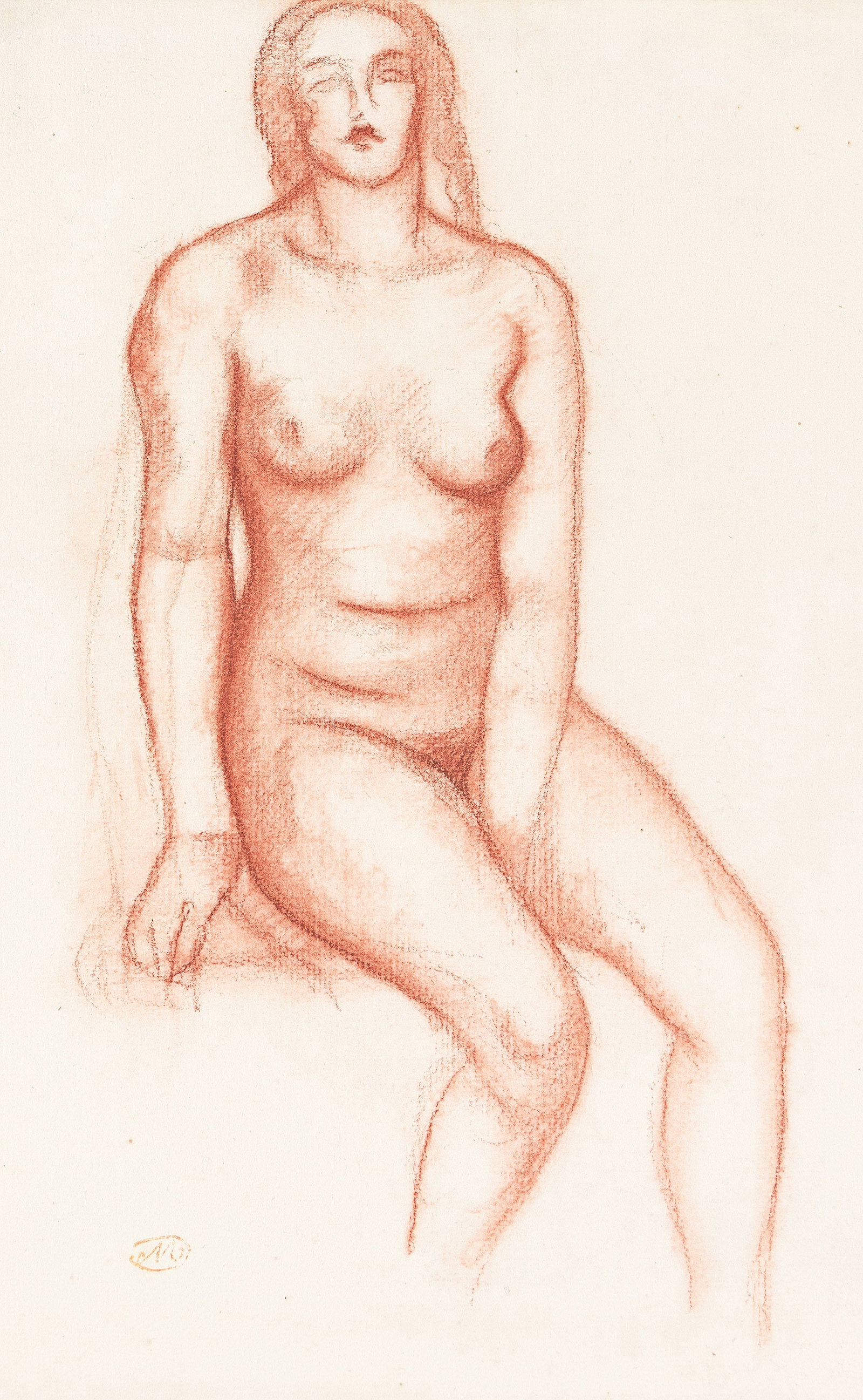 Aristide Maillol (1861-1944), Nu assis de face.: Aristide Maillol (1861-1944) Nu assis de face. Red chalk on laid paper. With the artist's stamped monogram lower left. 15 3/8 x 10 3/4 in. (39.1 x 27.3 cm.) Frame: 23 1/4 x 20 3/4 in. (59.1 x 52.7 c