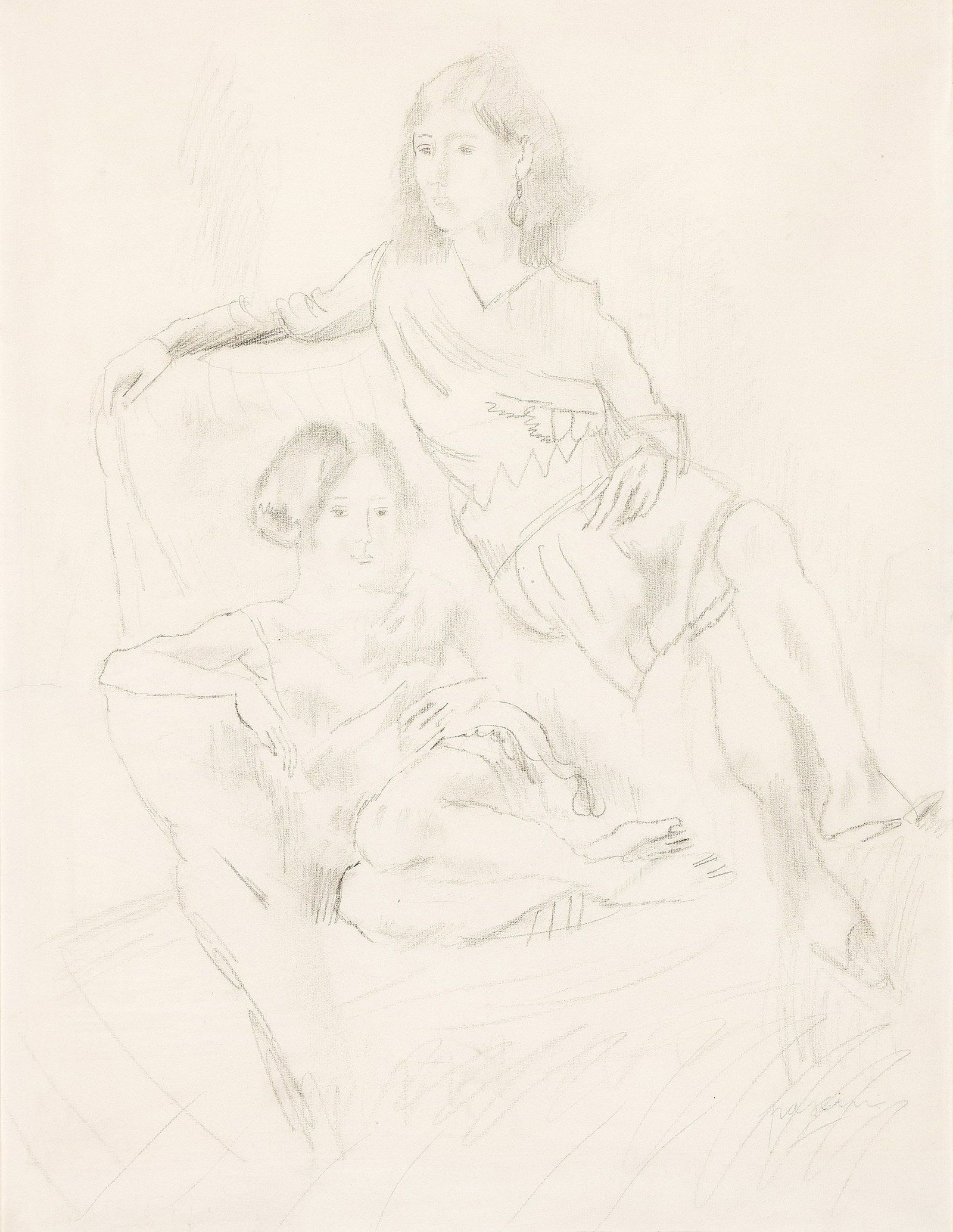 Jules Pascin (1885-1930), Les souers, 1927.: Jules Pascin (1885-1930) Les souers. Pencil on laid paper, 1927. Signed in blue pencil, lower right. 25 x 19 in. (63.5 x 48.2 cm.) Frame: 33 x 27 in. (83.8 x 68.6 cm.) Provenance: Perl