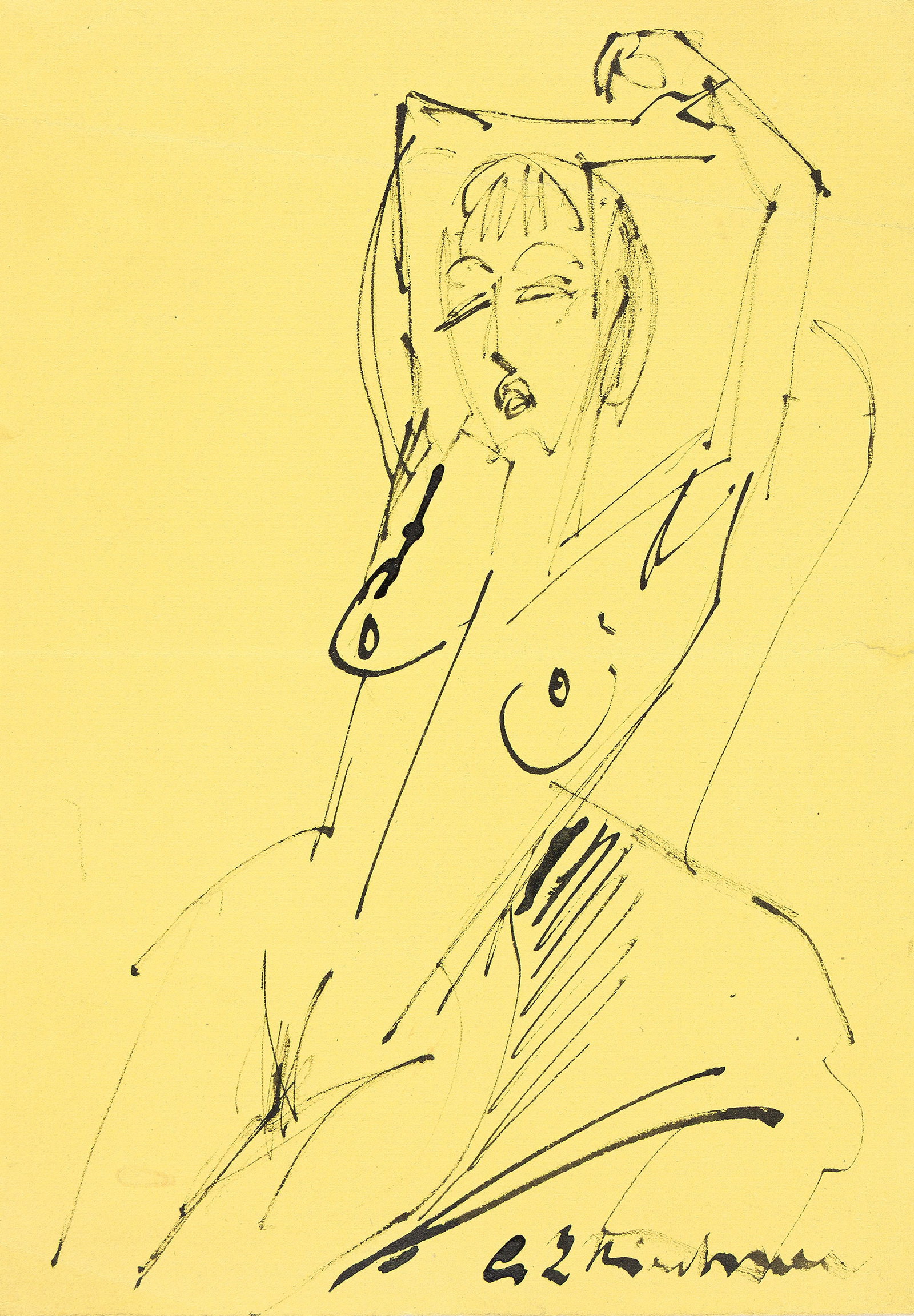 Ernst Ludwig Kirchner (1880-1938), Sich reckender weiblicher Akt, circa 1913.: Ernst Ludwig Kirchner (1880-1938) Sich reckender weiblicher Akt. Pen and ink on yellow wove paper, circa 1913. Signed lower right. 12 x 8 3/8 in. (30.5 x 21.3 cm.) Frame: 19 1/4 x 15 1/4 in. (48.9 x