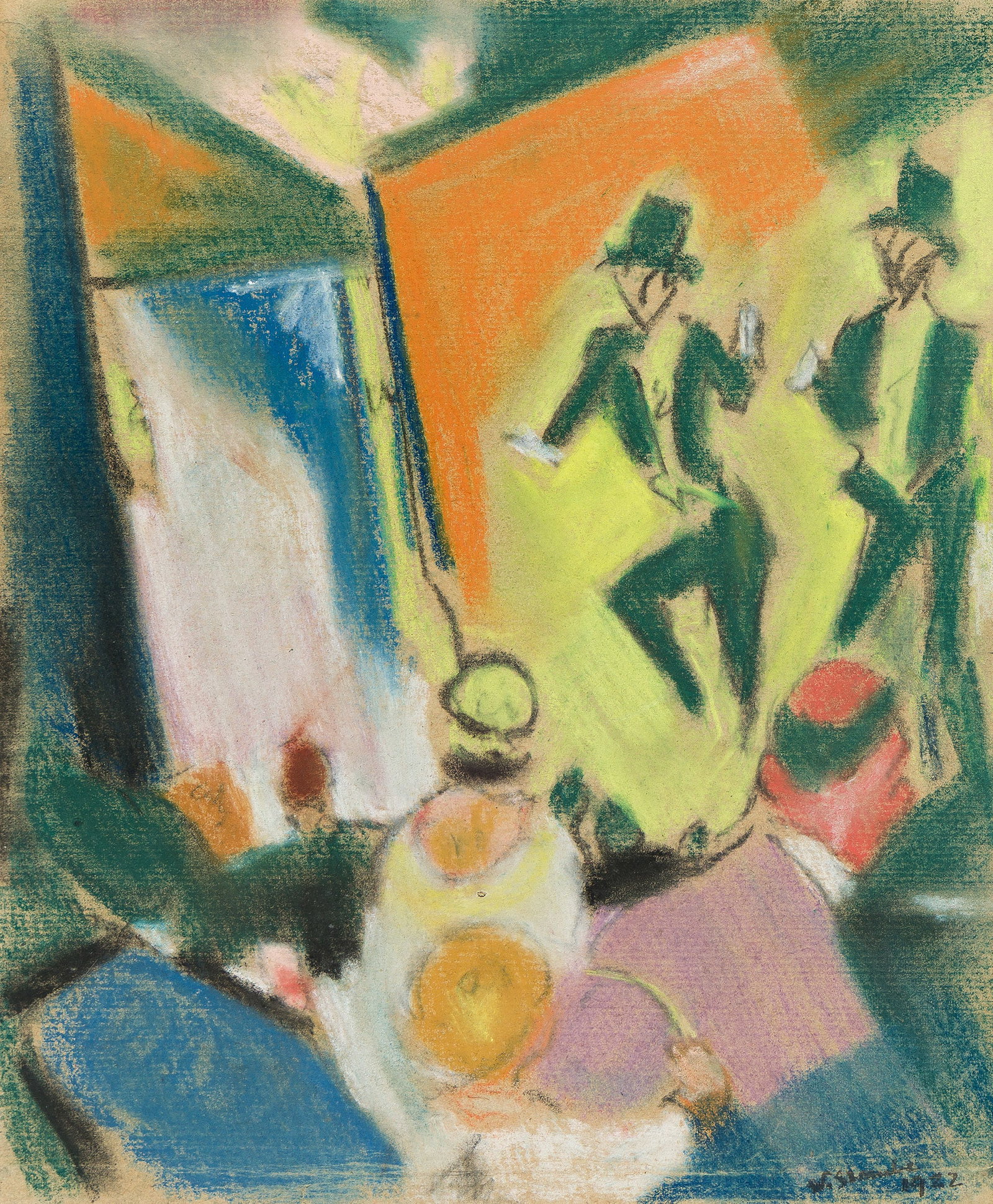 William Straube (1871-1954), Varieté-Szene (At the Cabaret, Two Dancing Men), 1922.: William Straube (1871-1954) Varieté-Szene (At the Cabaret, Two Dancing Men). Pastel on tan wove paper, 1922. Signed and dated in ink, lower right. 11 3/4 x 9 5/8 in. (29.8 x 24.4 cm.) Frame: 21