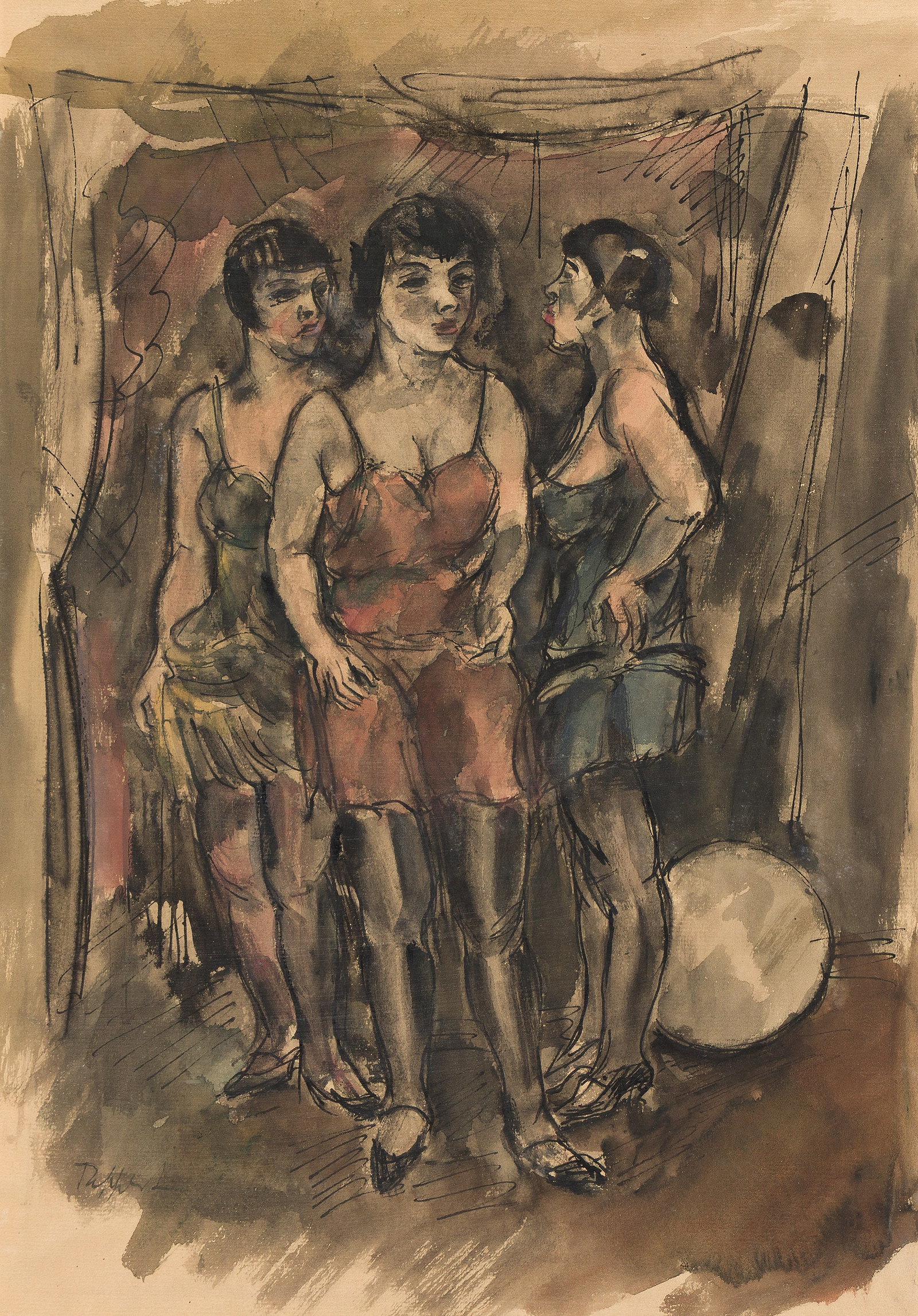 Georg Tappert (1880-1957), Tingel-Tangel-Damen, circa 1925.: Georg Tappert (1880-1957) Tingel-Tangel-Damen. Watercolor and ink on buff Ingres paper, circa 1925. Signed in ink, lower left. 19 x 12 1/8 in. (48 x 31 cm.) Frame: 23 3/4 x 18 3/8 in. (60.3 x 46.7 c