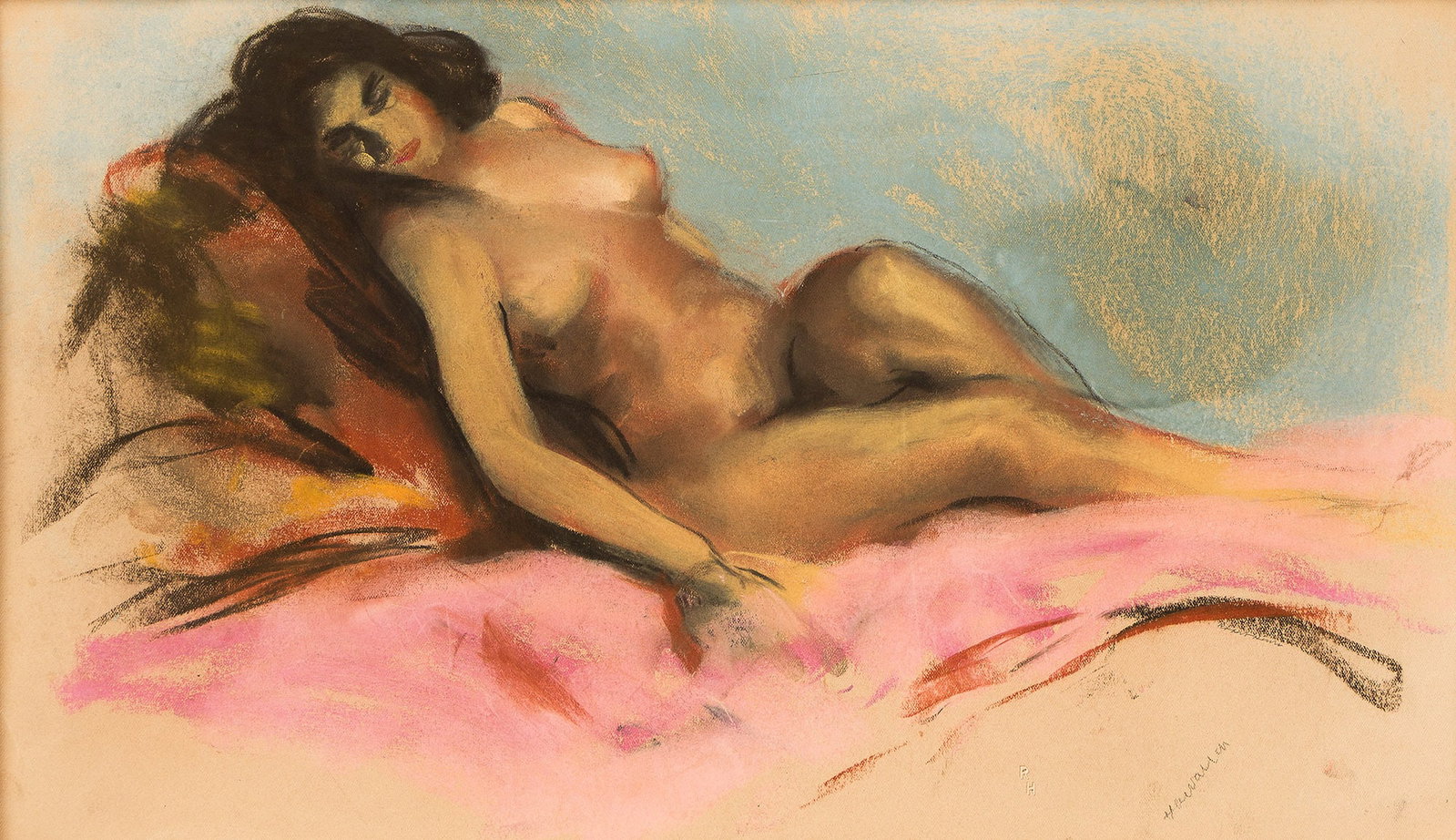 Robert Henri (1865-1929), Reclining Nude (Hawaiian).: Robert Henri (1865-1929) Reclining Nude (Hawaiian). Pastel on buff wove paper, 1918. Inscribed "Hawaiian" in pencil, lower right recto. With a charcoal sketch of a figure, verso. 12 3/8 x 19 3/4 