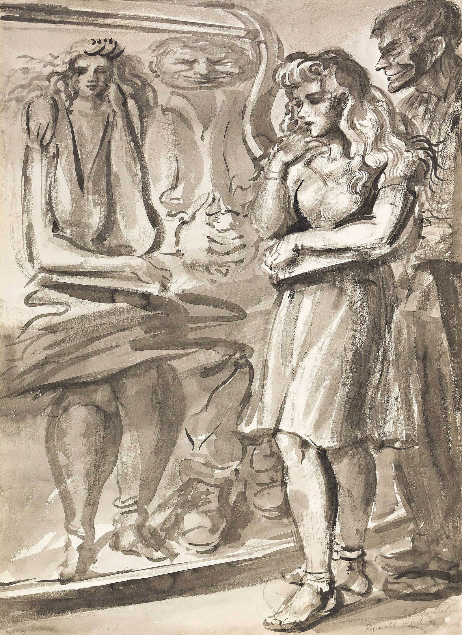Reginald Marsh (1898-1954), In the Fun House and Two Girls, 1946.: Reginald Marsh (1898-1954) In the Fun House and Two Girls. Watercolor en grisaille on paper, double-sided, 1946. Signed, dated and inscribed "Oakland Cal." in pencil, lower right recto. Signed, dated,